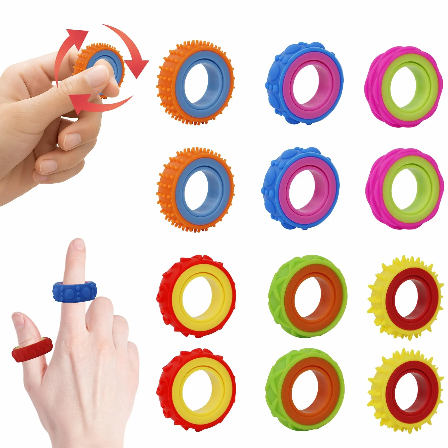 Sensoryczny Pierścień Fidget dla Dzieci i Dorosłych - Pierścień Antystresowy łagodzący lęk i Wspomagający ADHD. Zabawka Sensoryczna Pomoc z Autyzmem, Idealna do Szkoły i Biura, 12 Sztuk