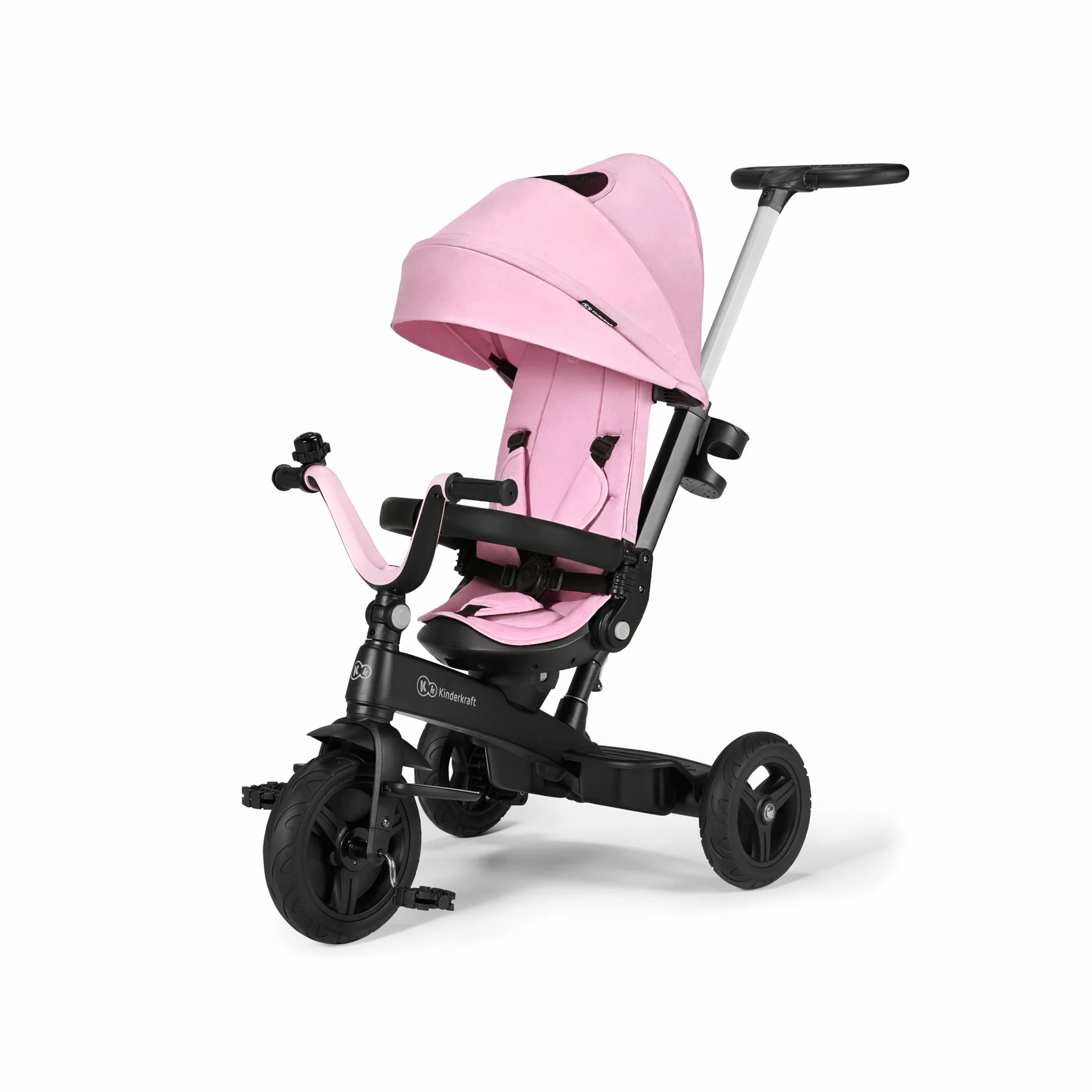 Kinderkraft Rowerek trójkołowy 5w1 TWIPPER, Trójkołowiec, Obrotowe siedzisko 360°, Wolne koło, Daszek przeciwsłoneczny, Akcesoria, Dzwonek, Uchwyt na kubek, od 6 Miesięcy do 5 lat, Różowy