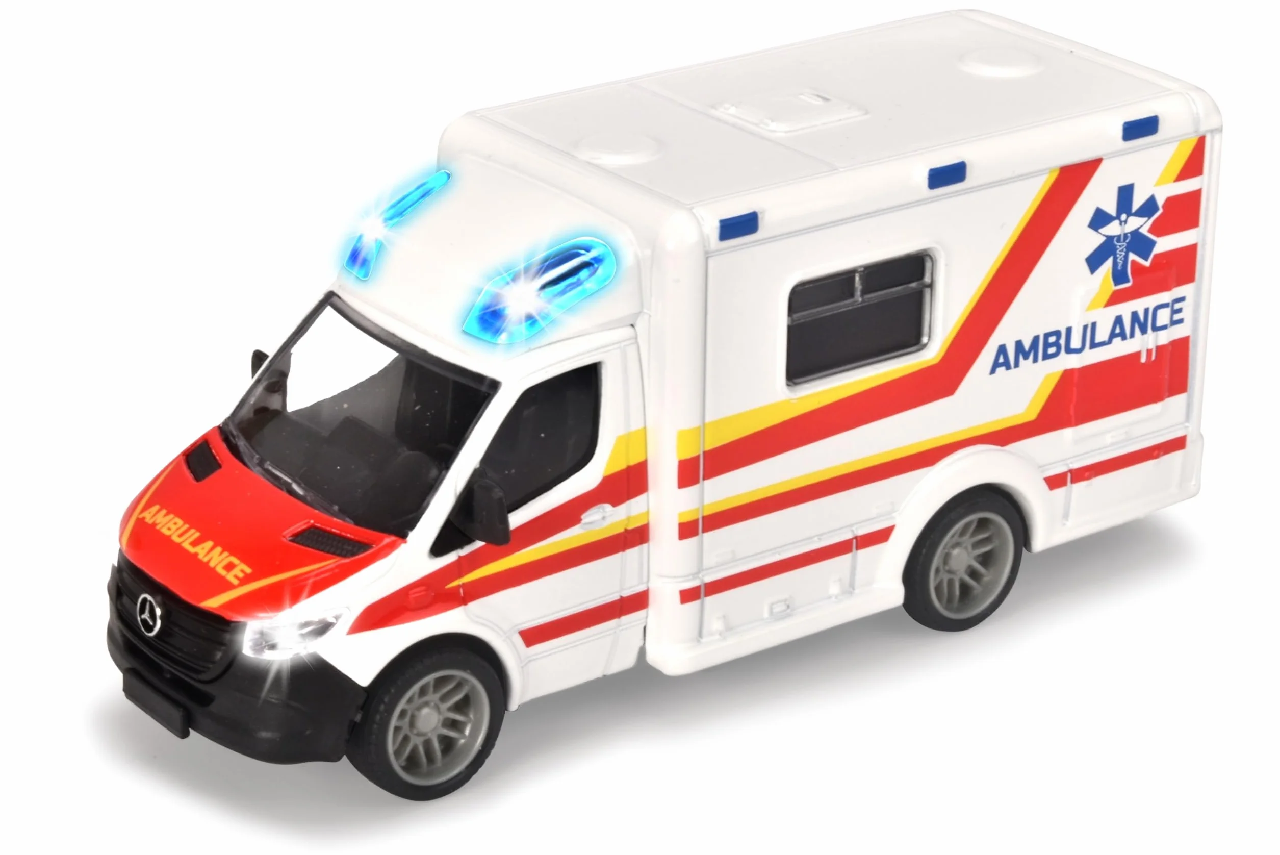 Majorette Grand 213712001038 MercedesBenz Ambulans 12,5 cm, światło i dźwięk, Licencjonowany metalowa karetka die cast do zabawy na świeżym powietrzu, prezent dla dzieci od 3 lat
