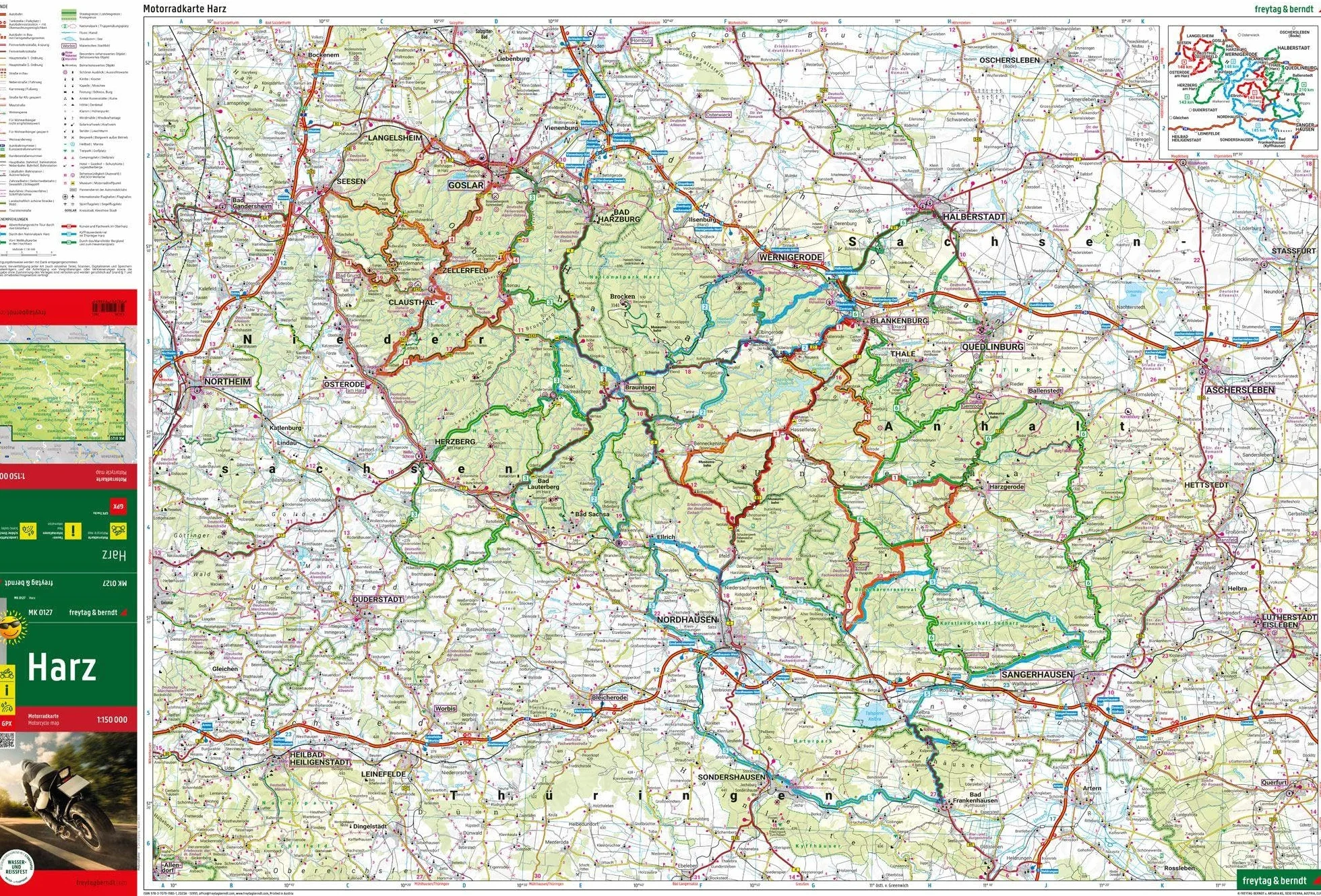 Harz, Motorradkarte 1:150.000, freytag & berndt: Toureninfos, GPX Tracks, wasserfest und reißfest: MK 0127