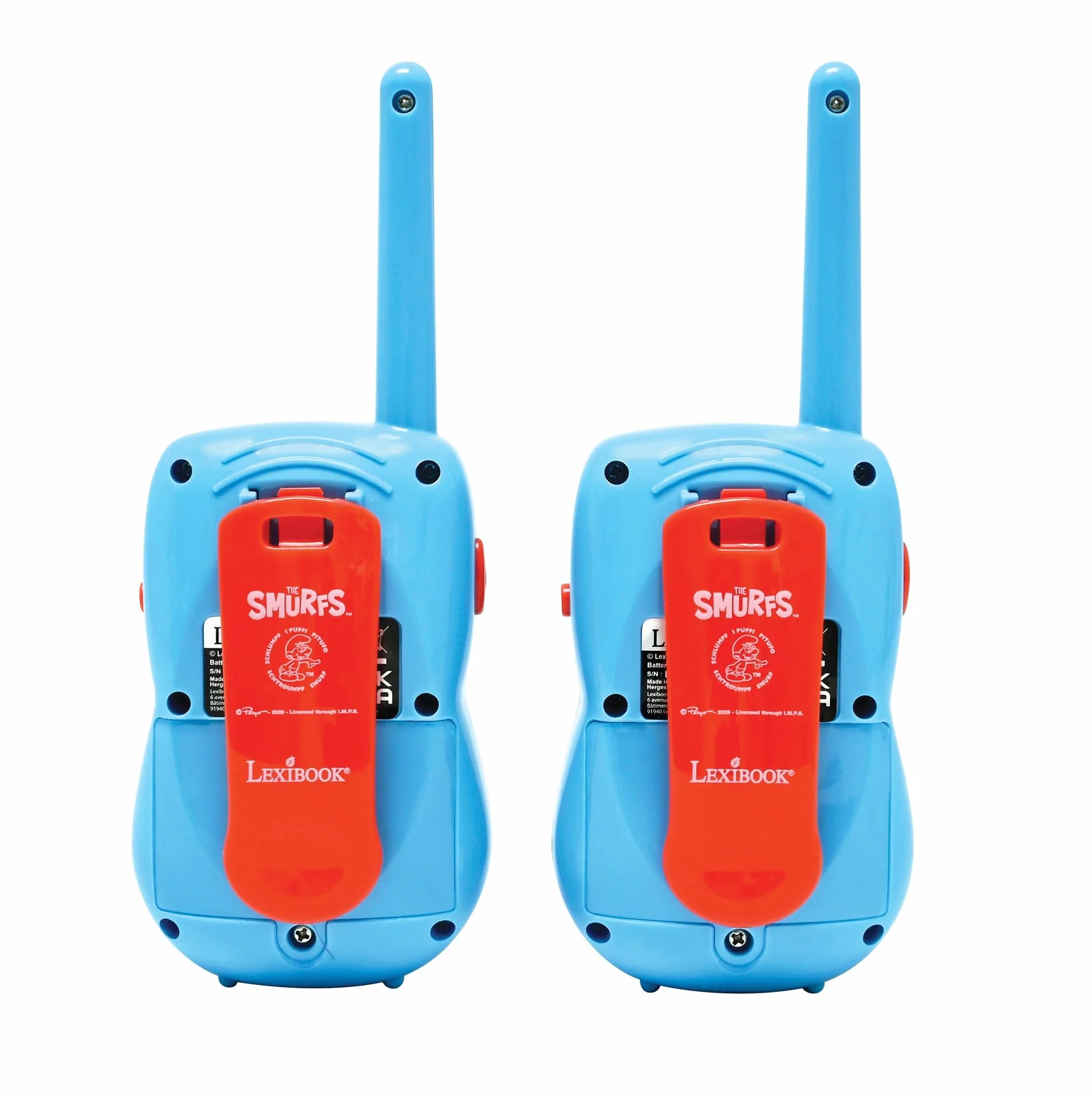 Lexibook, Smerfy, Walkie-Talkies 200m, gra komunikacyjna dla dzieci, zaczep do paska do transportu, zasilanie bateryjne, czerwony/niebieski, TW12SF