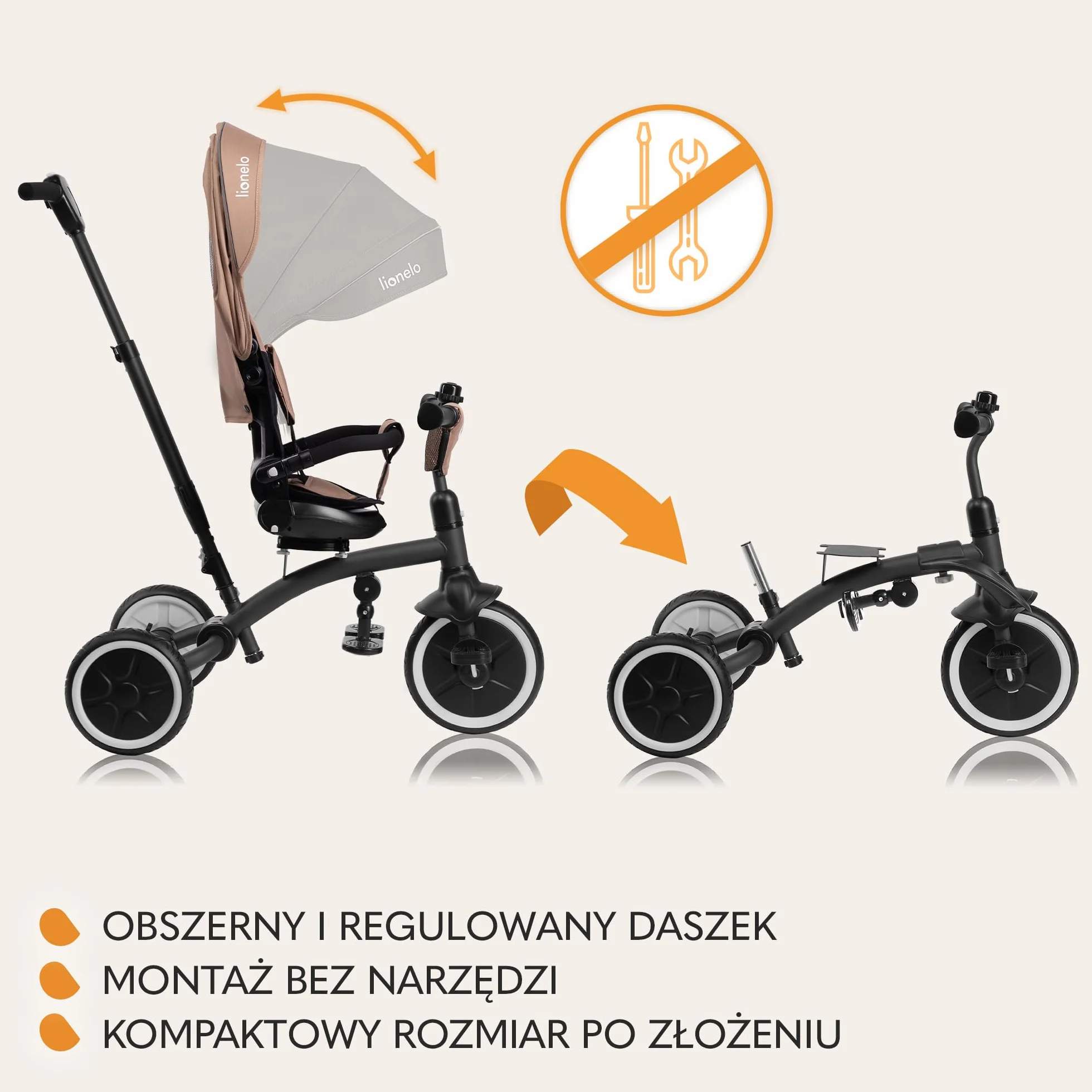 LIONELO Tris Plus Wielofunkcyjny Rowerek Trójkołowy od 9 miesięcy do 5 lat do 25 kg, Wózek Dziecięcy, Duże Koła PU Obrotowe Siedzisko 360° Regulacja Oparcia Montaż bez Narzędzi (Beżowy)