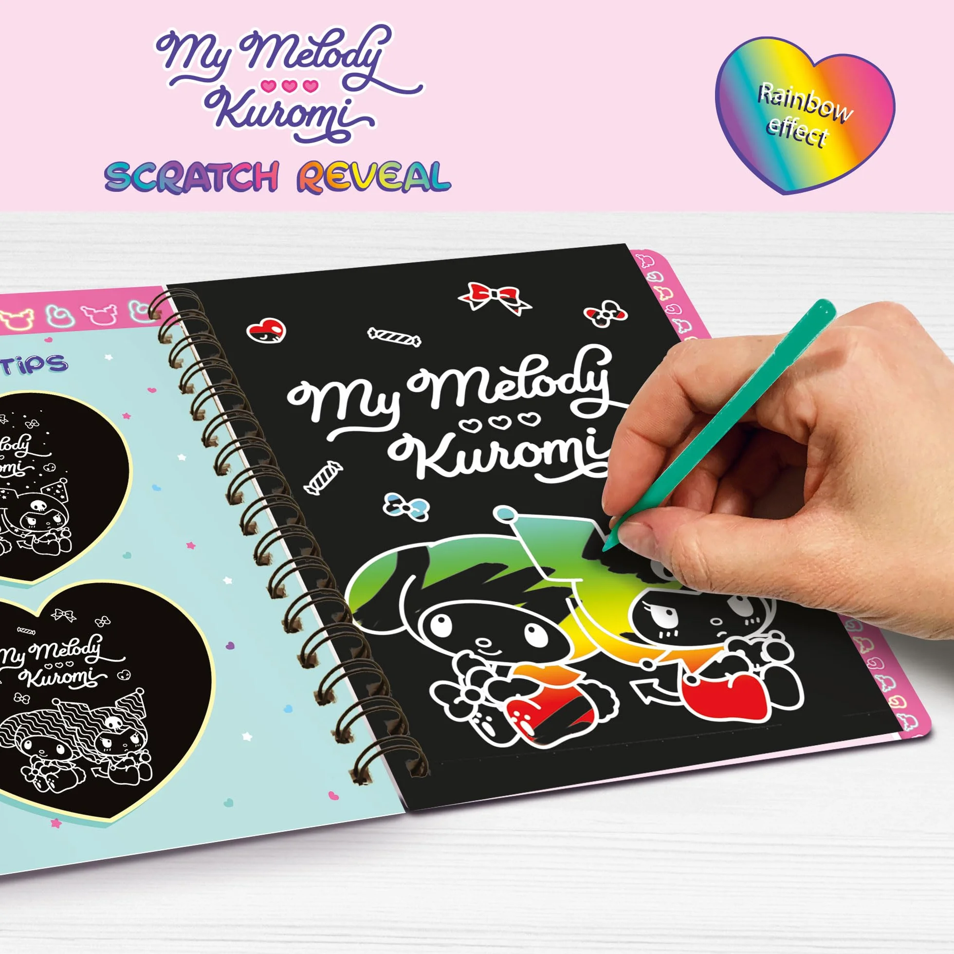 Lisciani MY MELODY & KUROMI album do zdrapywania Hello Kitty dla dzieci od 5 lat – Scratch Reveal z 44 stronami i ołówkiem, tęczowy efekt wielokolorowy – kreatywna aktywność bez bałaganu