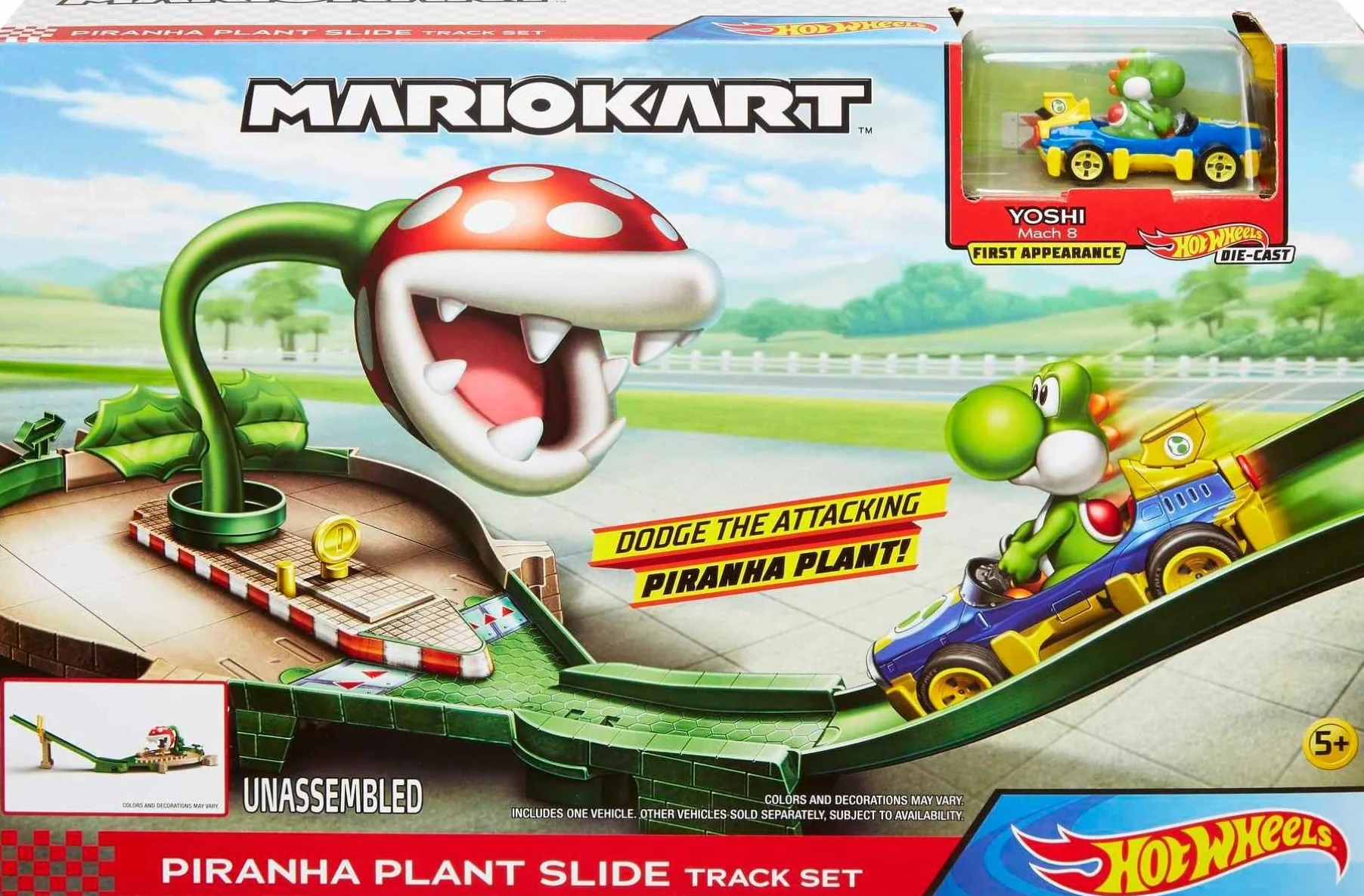 Hot Wheels Gfy47 Mario Kart Piranha Plant Slide Trackset, W Tym Samochodzik 1, Tor Wyścigowy Samochodzików od 5 Lat, Wielokolorowy