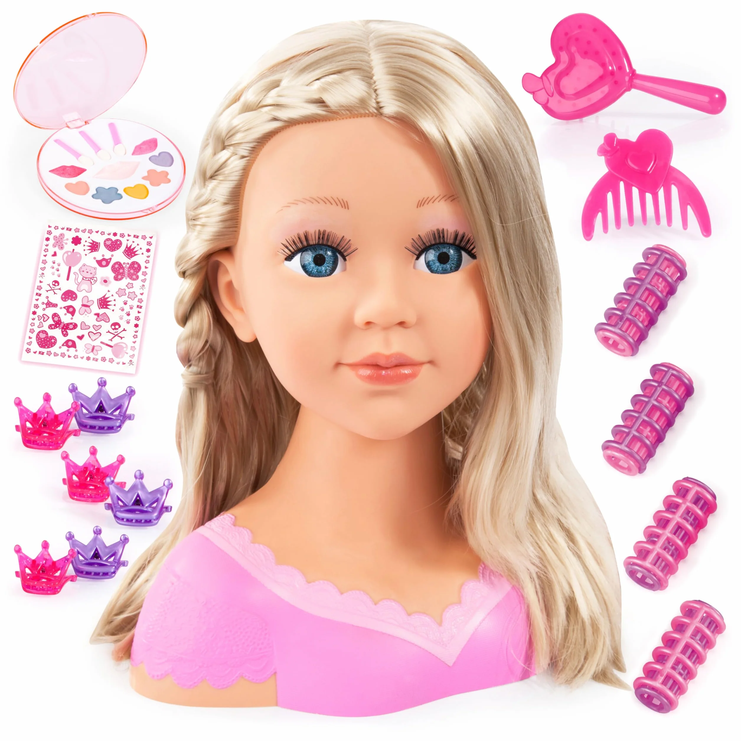 Bayer Design 90088AA Głowa do stylizacji dla dzieci, lalka do stylizacji Charlene Super Model z akcesoriami, blond włosy