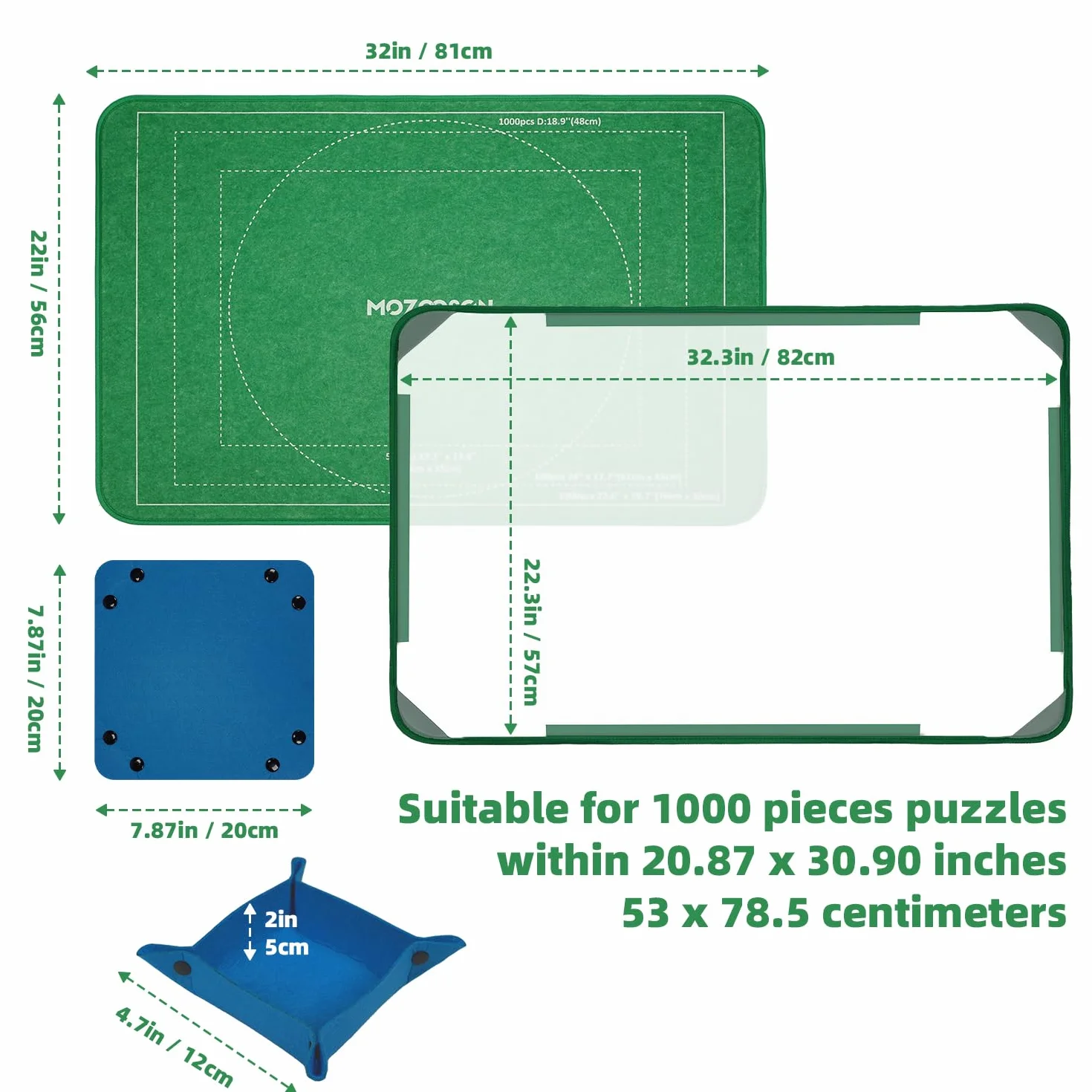 MOZOOSON Tablica do puzzli, 1000 sztuk, tablica do przechowywania puzzli, 81 x 56 cm, akcesoria do puzzli do łatwego przenoszenia i przechowywania (6 tac do sortowania puzzli i 1 przezroczysta
