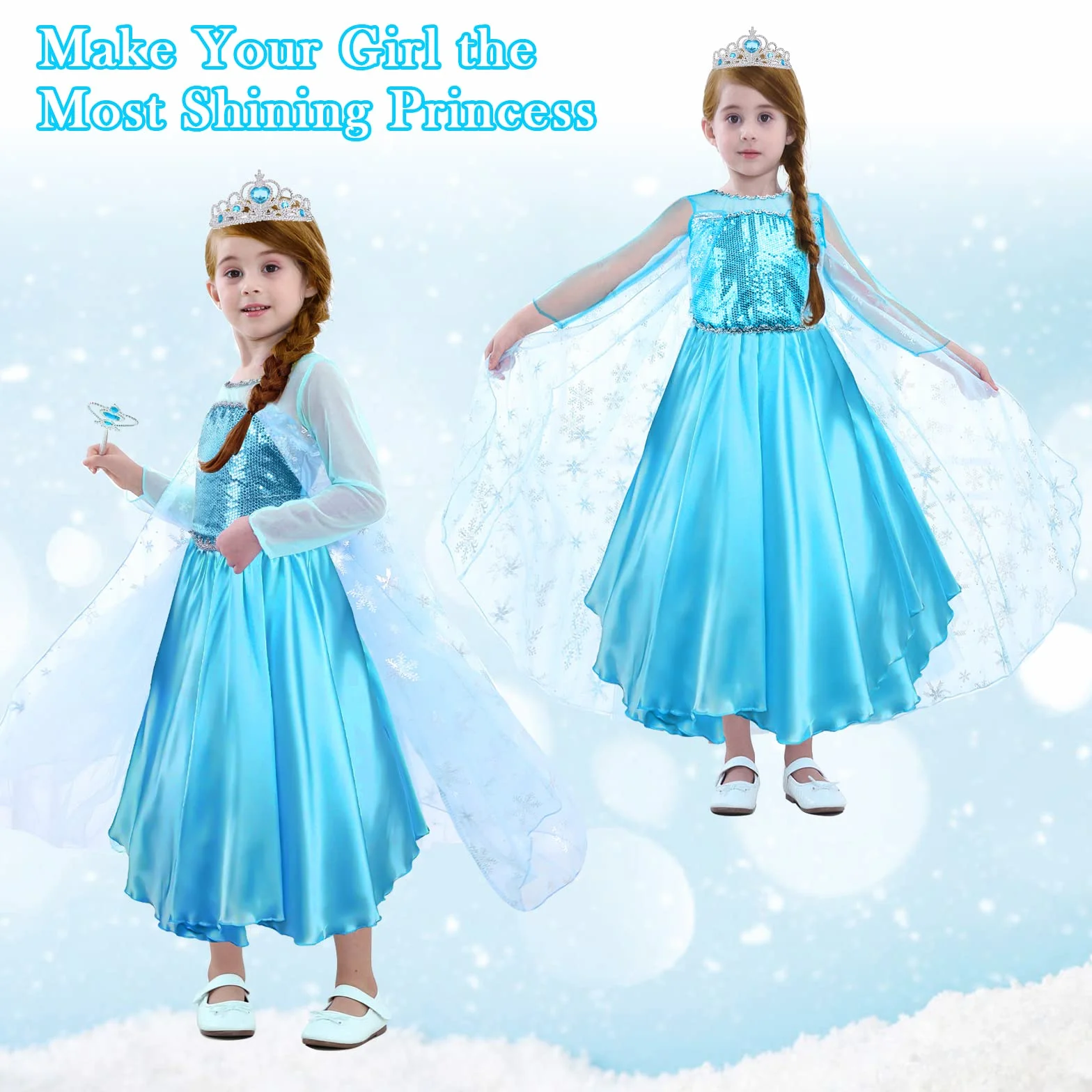 URAQT Kostium Elsa, Kostium Księżniczka Dziewczyna z akcesoriami do Cosplay, Księżniczka Elsa z błyszczącym płaszczem płatków śniegu, Kostium Dziewczyna na Halloween Cosplay Urodziny Karnawał, 120cm