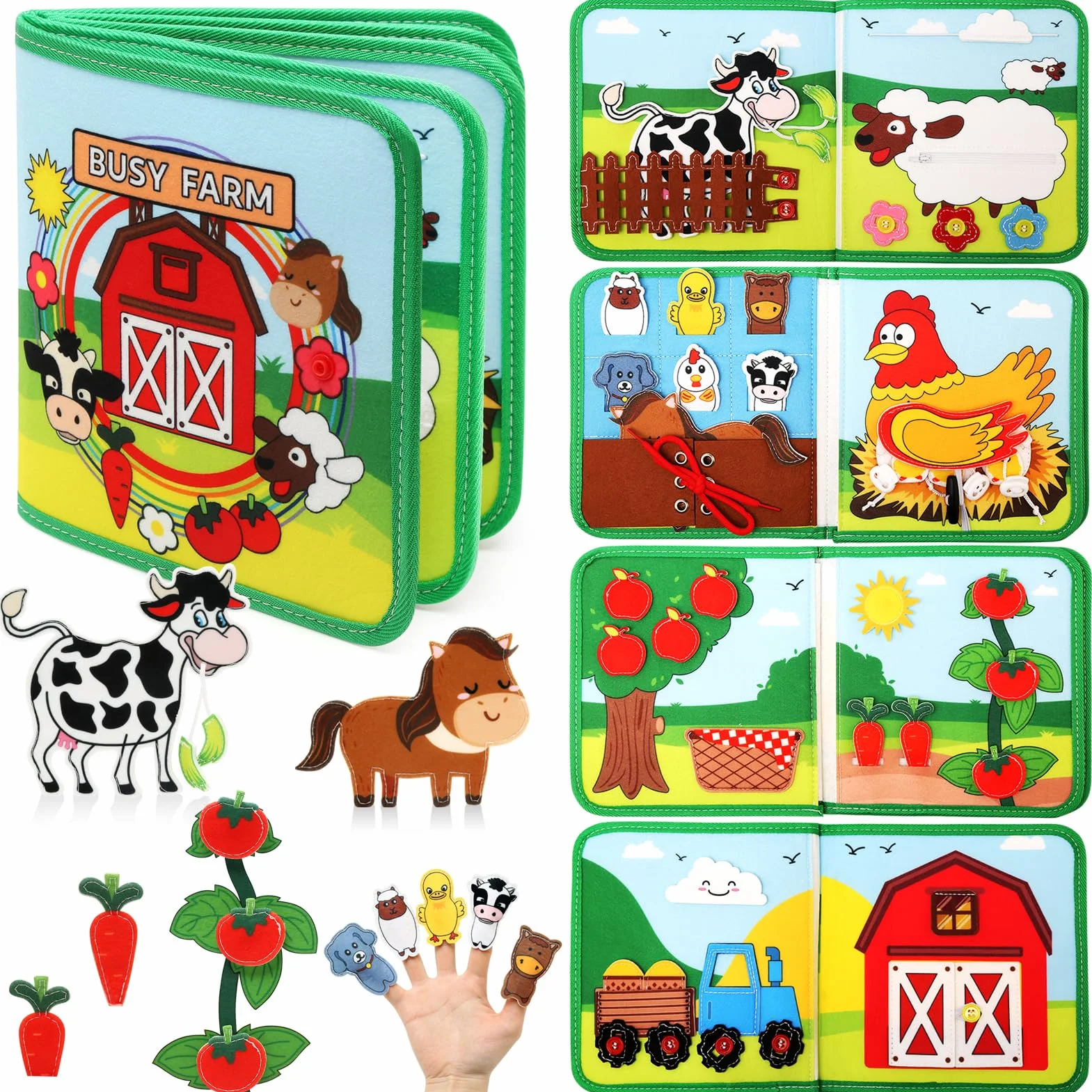 LEADSTAR Quiet Book Montessori zabawka dla małych dzieci, 18 w 1, z motywem gospodarstwa, sensoryczna książeczka Busy Book do podróży, samochodu, samolotu, motoryki precyzyjnej, zabawka Montessori od