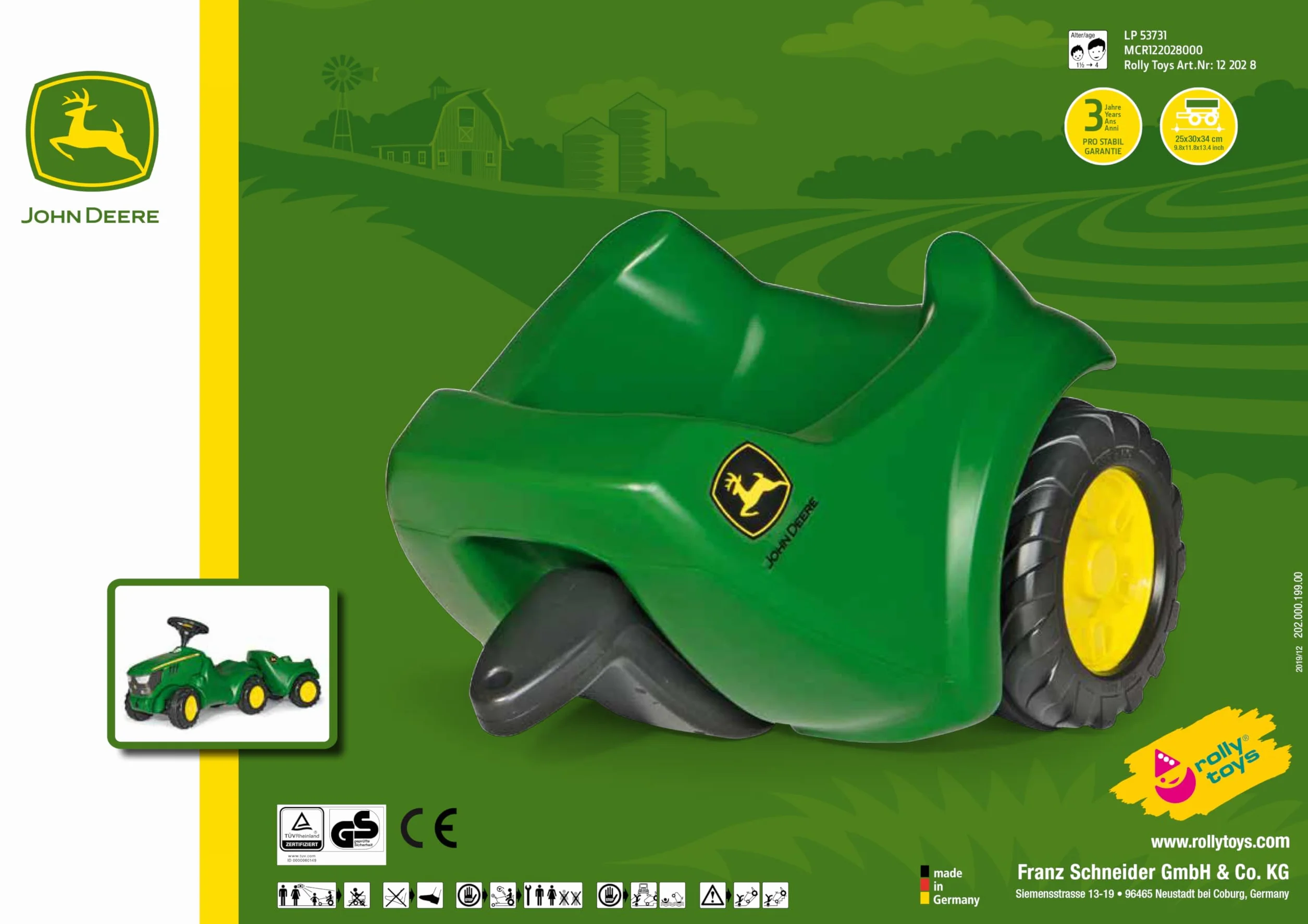 Rolly Toys S2612202 John Deere Mini przyczepa trakcyjna, zielona