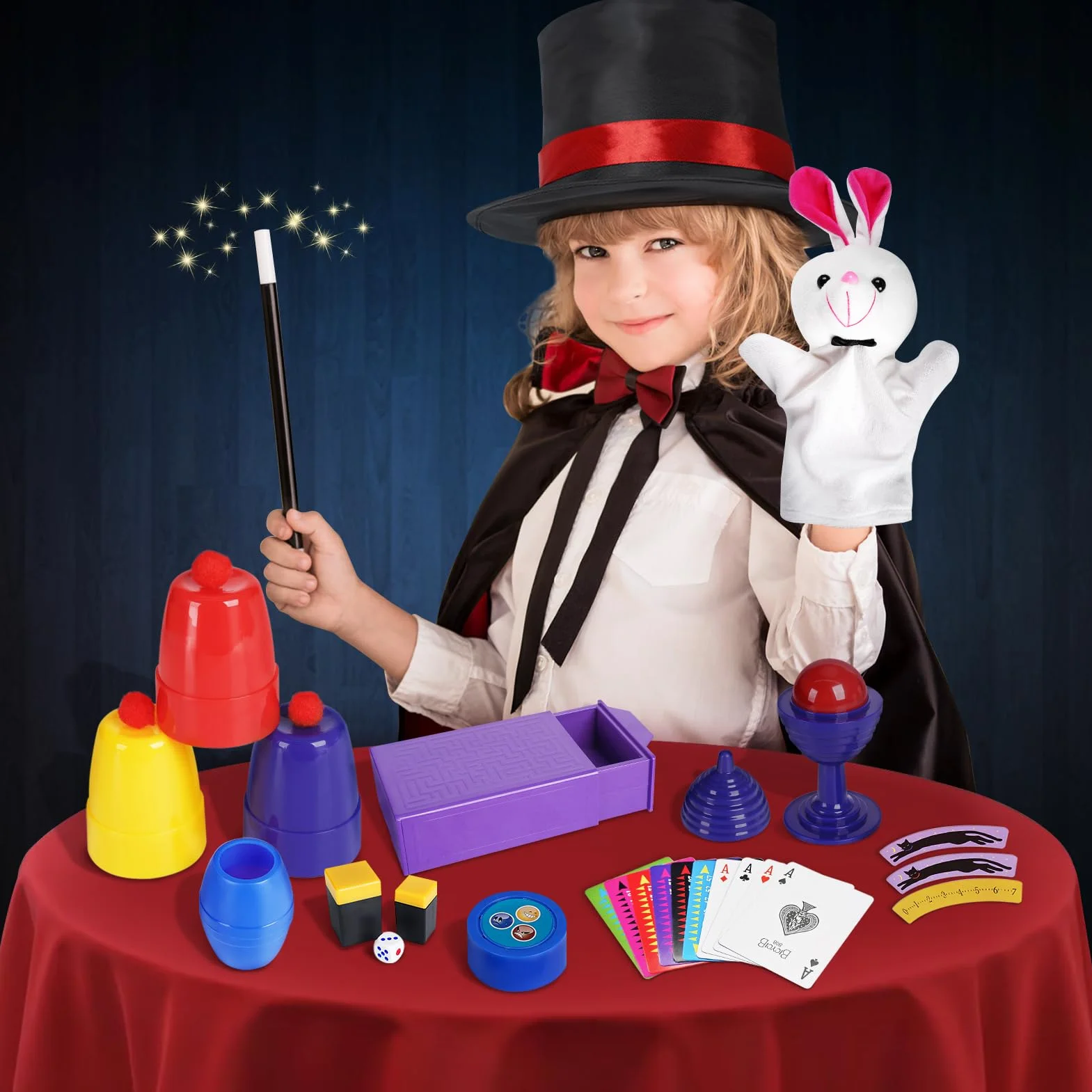 DINORUN Magiczne sztuczki - magiczny zestaw dla dzieci z magicznym kapeluszem i magiczną różdżką i instrukcją dla dzieci, zabawki dla 6, 7, 8, 9, 10, 11, 12 lat, prezenty dla chłopców, dziewcząt, 75+