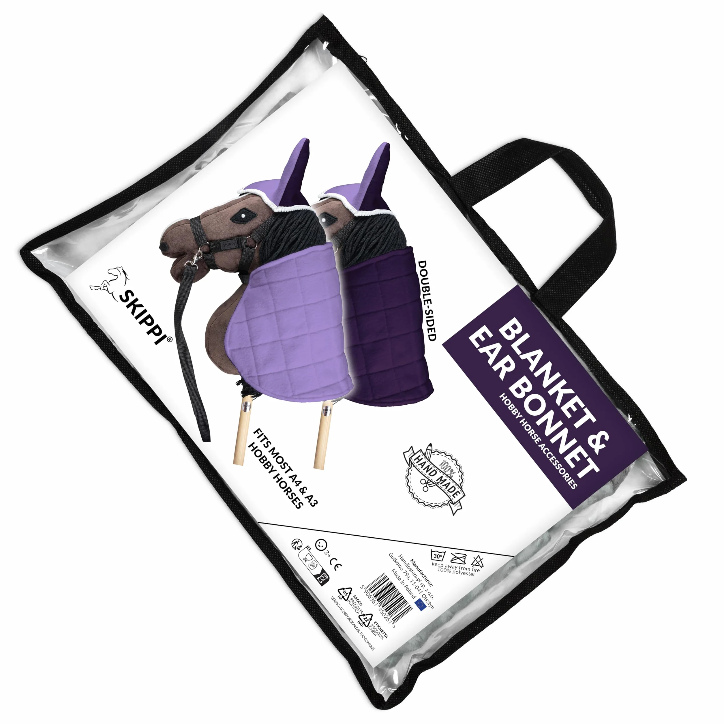 SKIPPI Zestaw Nauszniki i Derka dla Hobby Horse - Wrzos i Śliwka, Dwustronna Derka z Polaru, Hobby Horse Akcesoria, Regulowane Zapięcie na Szyi, dla Koni na Kiju A3 i A4