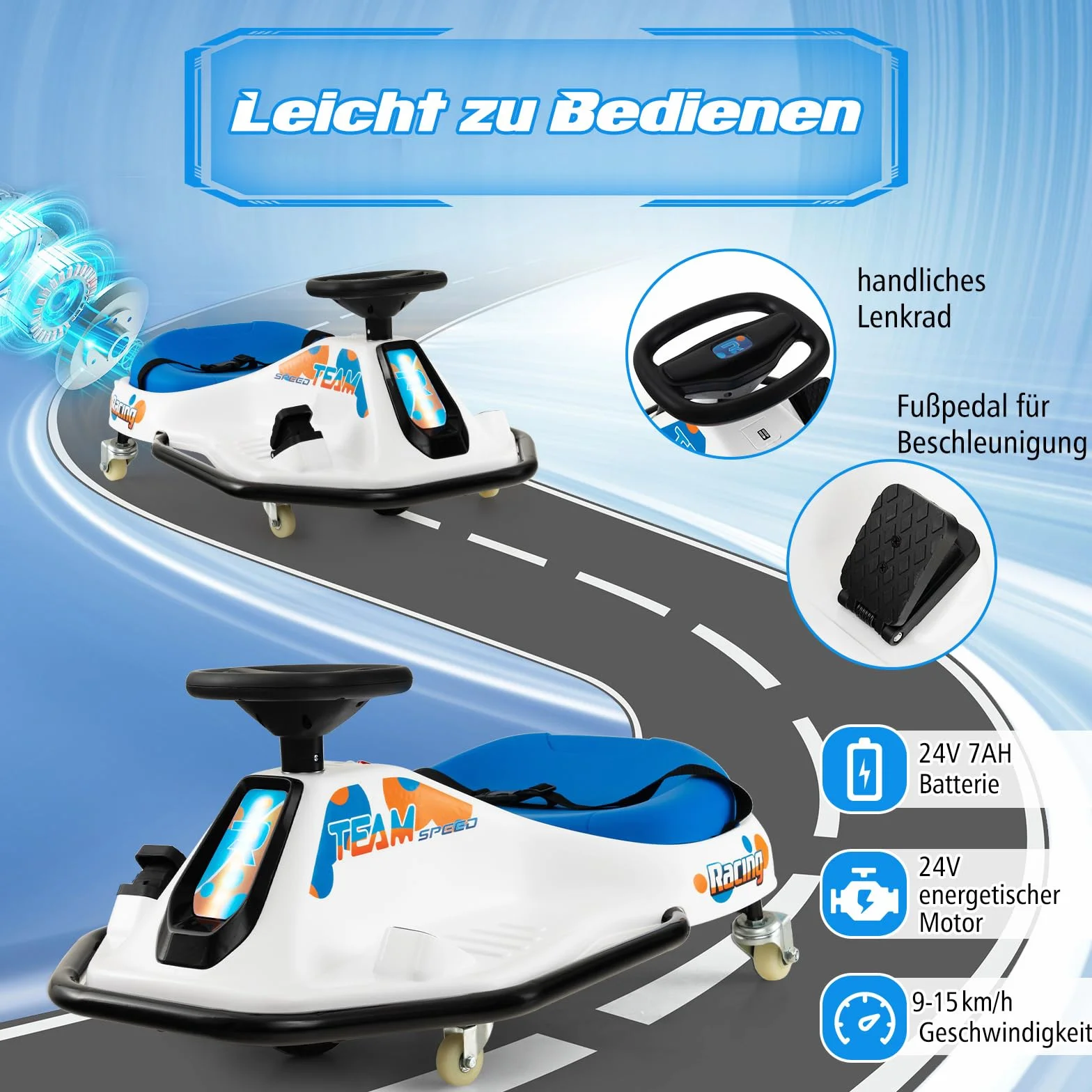 COSTWAY 24V Elektro Gokart, Drift Cart z 3 flagami i Bluetooth oraz USB i muzyką, 9-15 km/h, Go Kart z pedałami, elektromobil z 200 W silnikiem dla dzieci od 3 lat