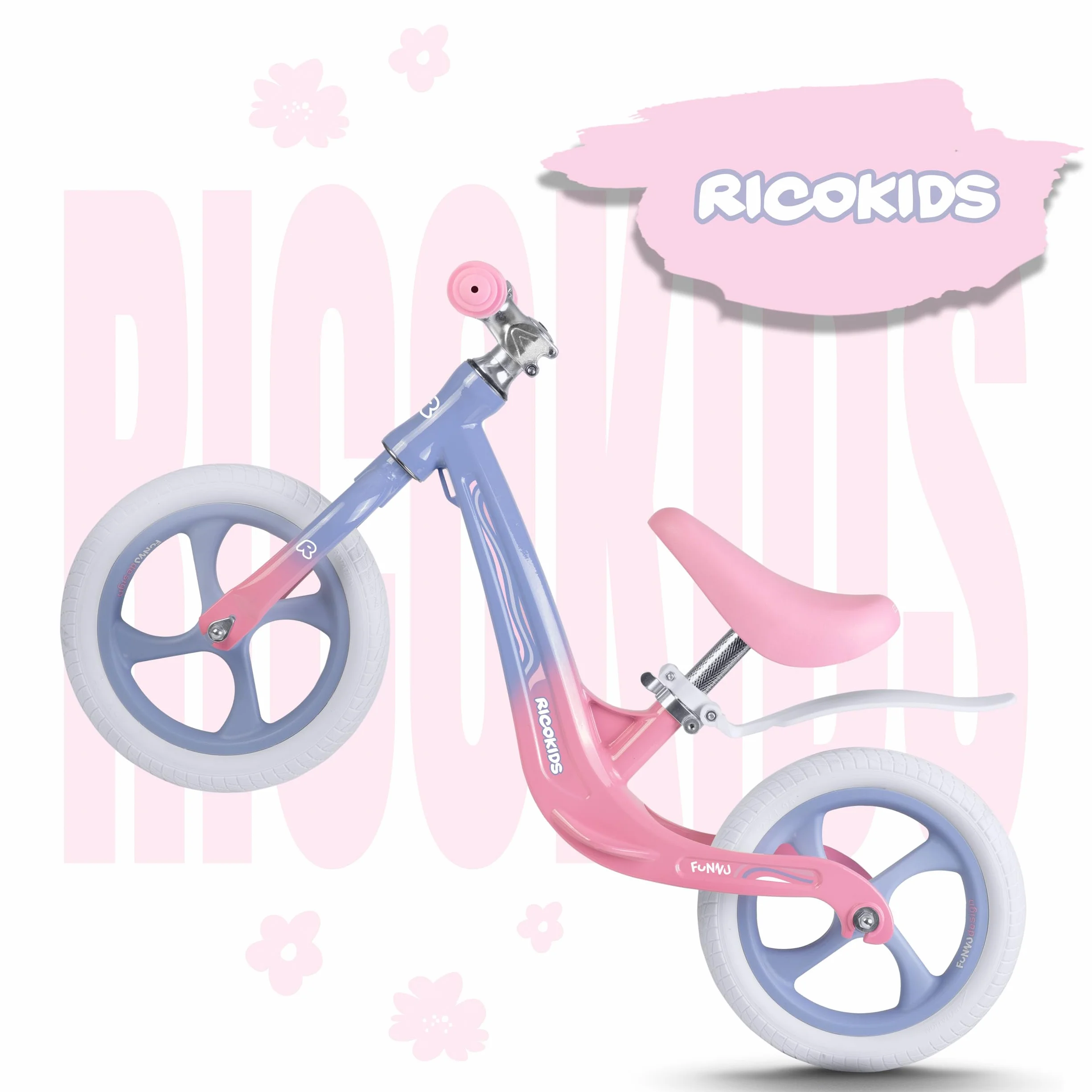 Ricokids Rowerek Biegowy dla Dzieci - Regulowane Siodełko - Opony PU 12'' Odporne na Przebicia - Funnu Niebieski Różowy