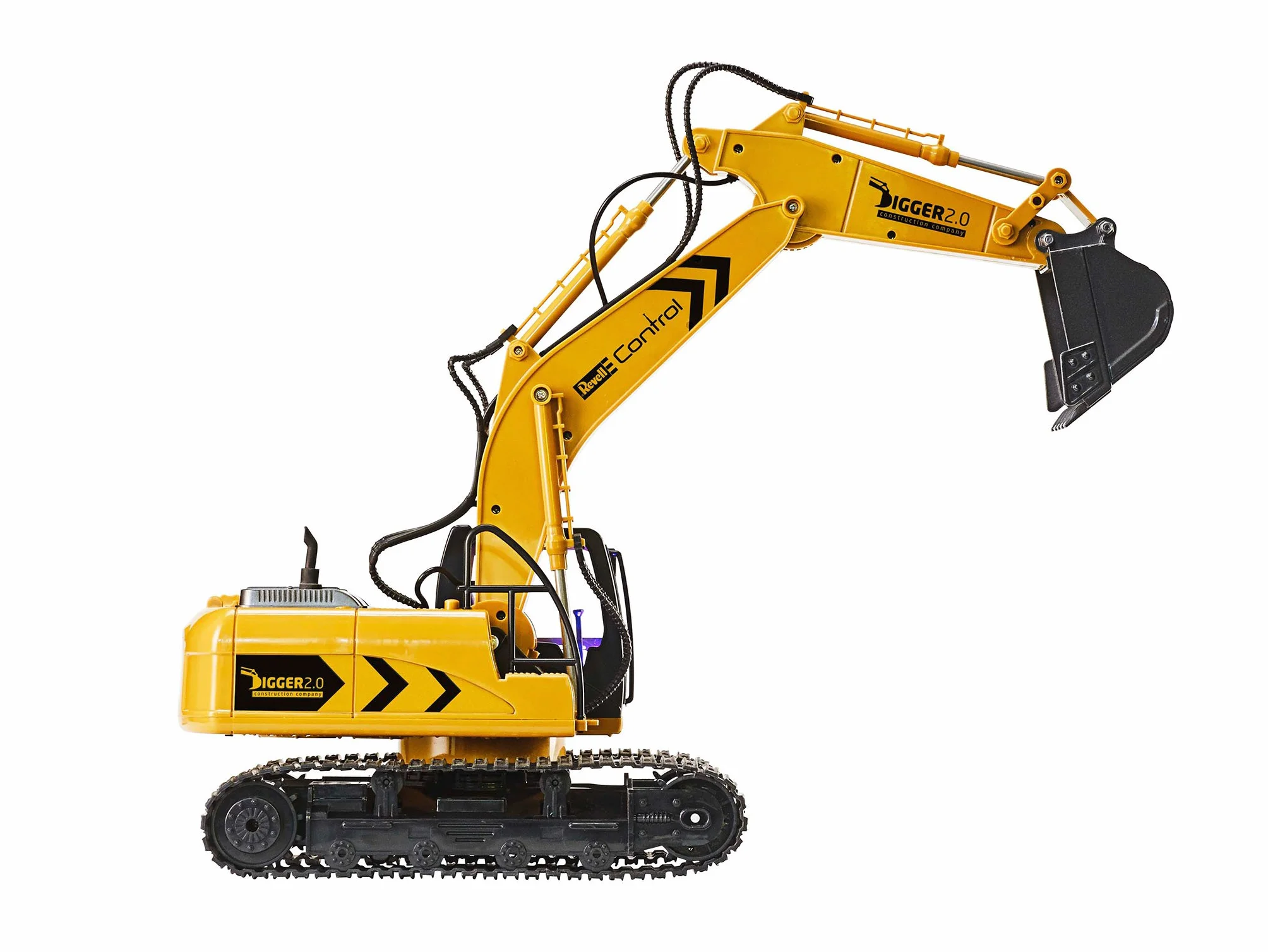 Revell Control 24924 RC koparka gąsienicowa Digger 2.0, napęd łańcuchowy, wymienna szufla i chwytak do drzew, nadaje się do użytku na zewnątrz, zdalnie sterowana koparka z akumulatorem, 2,4 GHz, żółta