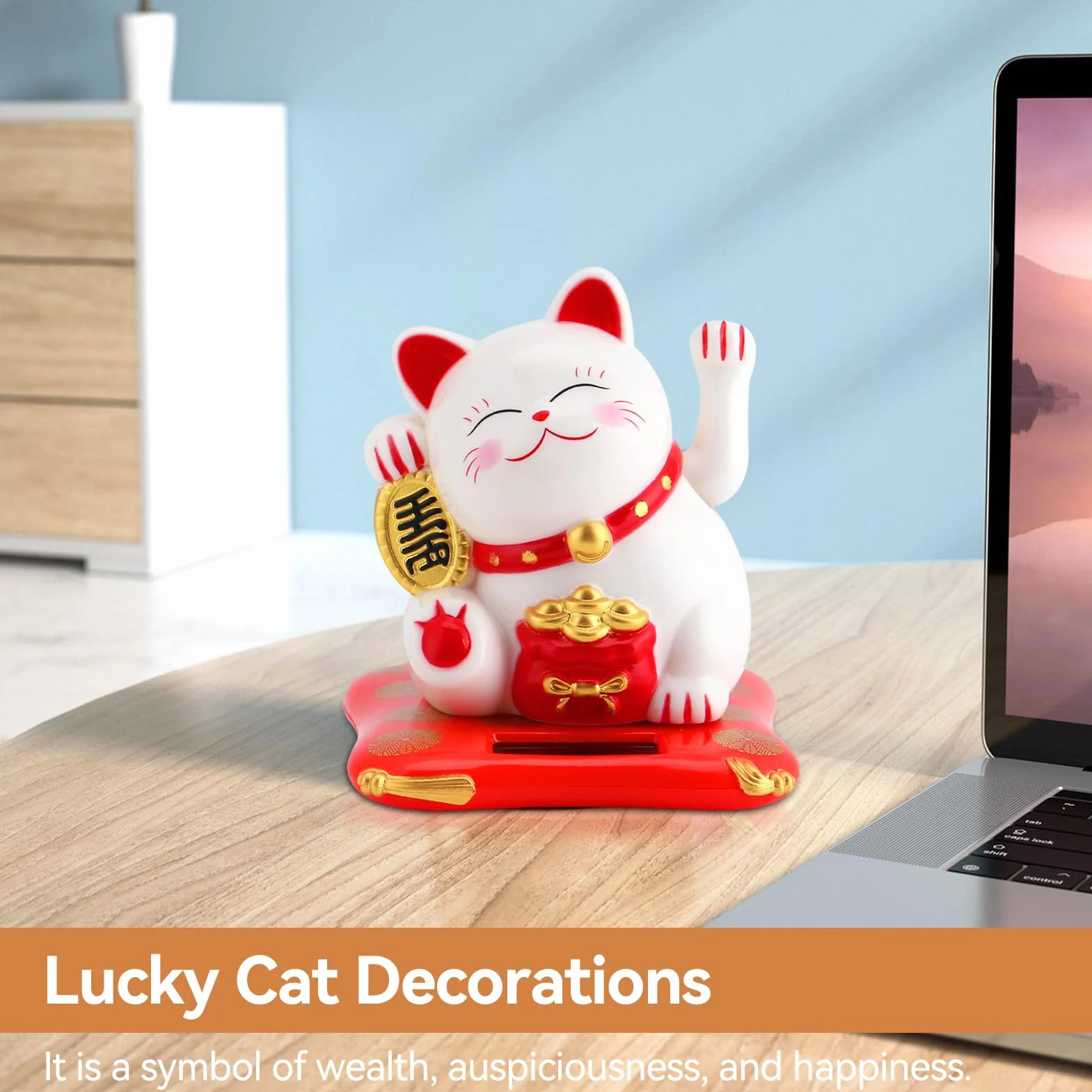 Kot na szczęście, Mini Maneki Neko Japoński posąg kota z machającym ramieniem Zasilany energią słoneczną do wystroju deski rozdzielczej samochodu w domu[White]