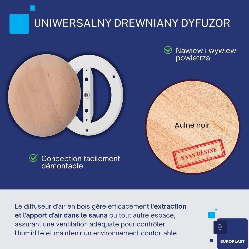 EUROPLAST Drewniany zawór talerzowy 160 mm – okrągły zawór wentylacyjny do sauny – uniwersalny dyfuzor doprowadzający i wywiewowy – regulowany dyfuzor do ściany lub sufitu – zawór powietrza wylotowego
