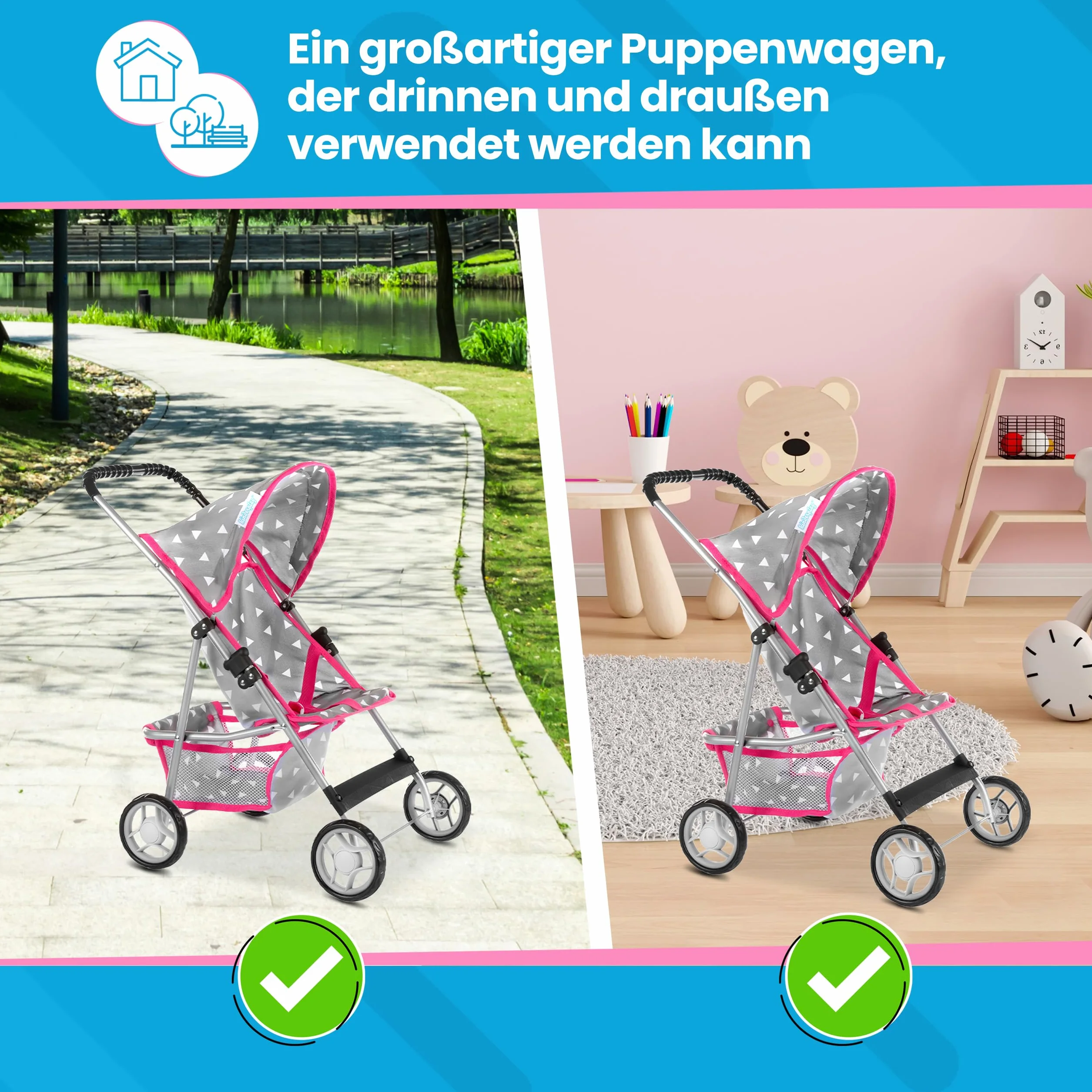 Kinderplay Wózek dla lalek, wózek dziecięcy, wózek dla lalek, wózek z pasem bezpieczeństwa i siatką na zakupy – zabawka dla niemowląt, nowoczesne, lekko obracające się kółka i miękka rękojeść, KP0280S