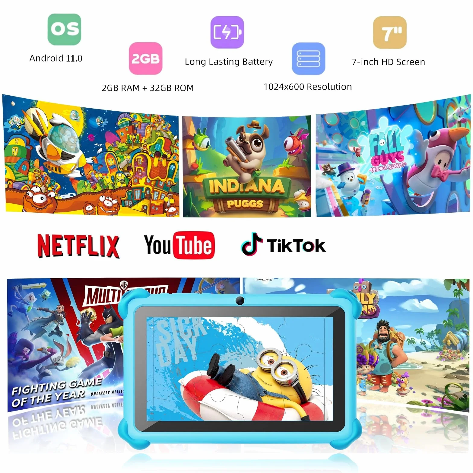 zcobro Tablet dziecięcy 7-calowy Android z wyświetlaczem IPS WiFi, 2 GB RAM, 32 GB ROM, kontrola rodzicielska, etui odporne na wstrząsy, podwójny aparat, edukacyjne