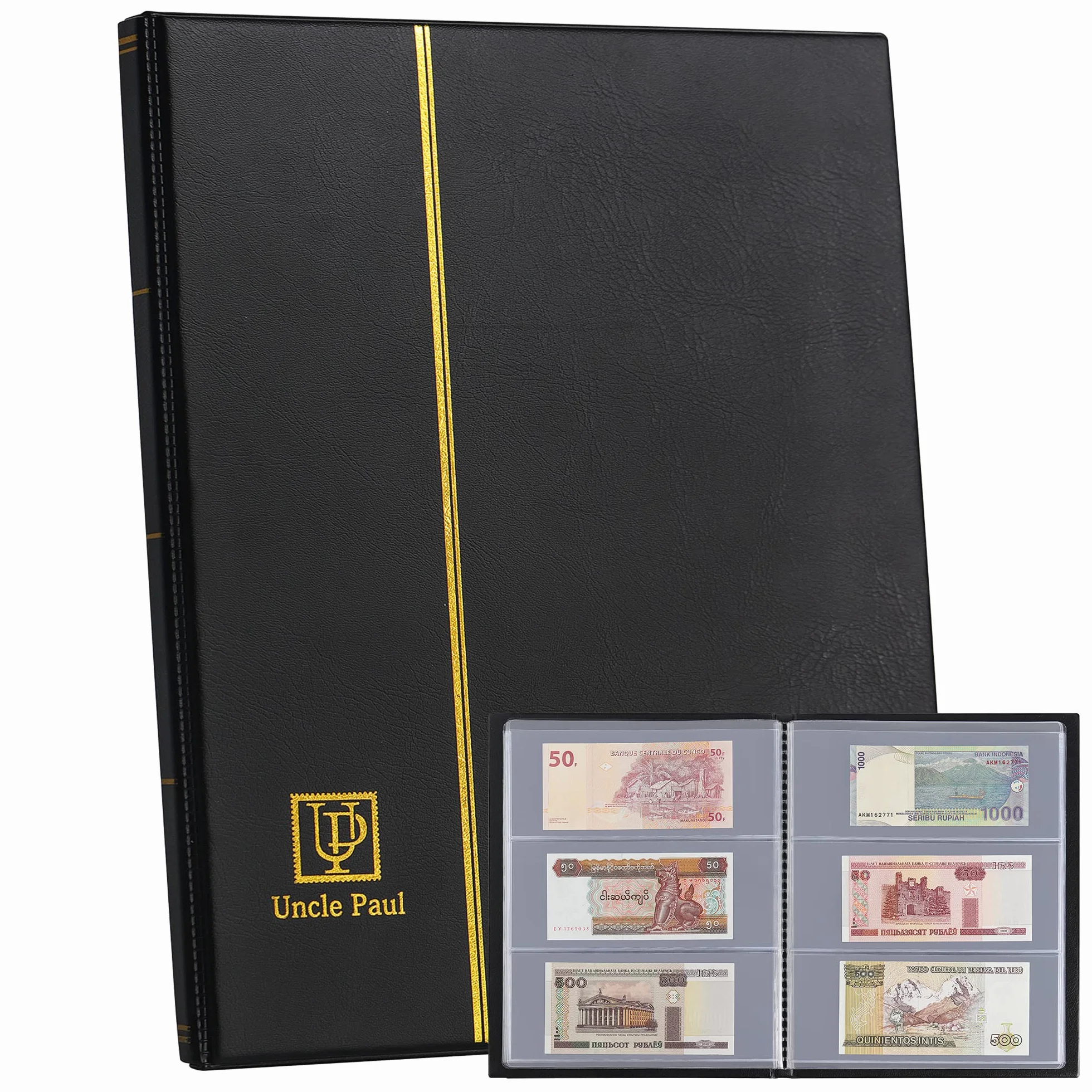 Album na pieniądze z 60 kieszeniami – 19,6 cm x 8,1 cm uchwyt na banknoty ze sztucznej skóry twarda okładka książka do przechowywania z ochronnym etui na papier składany pieniądze dolary banknoty