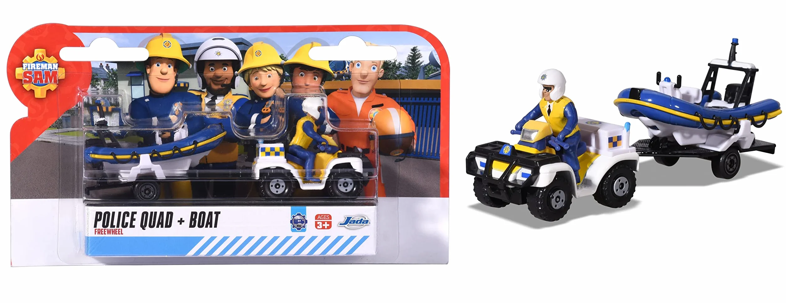Strażak Sam 203092007 Pojazd metalowy die cast Quad policyjny i łódź na przyczepie, 2x 7cm