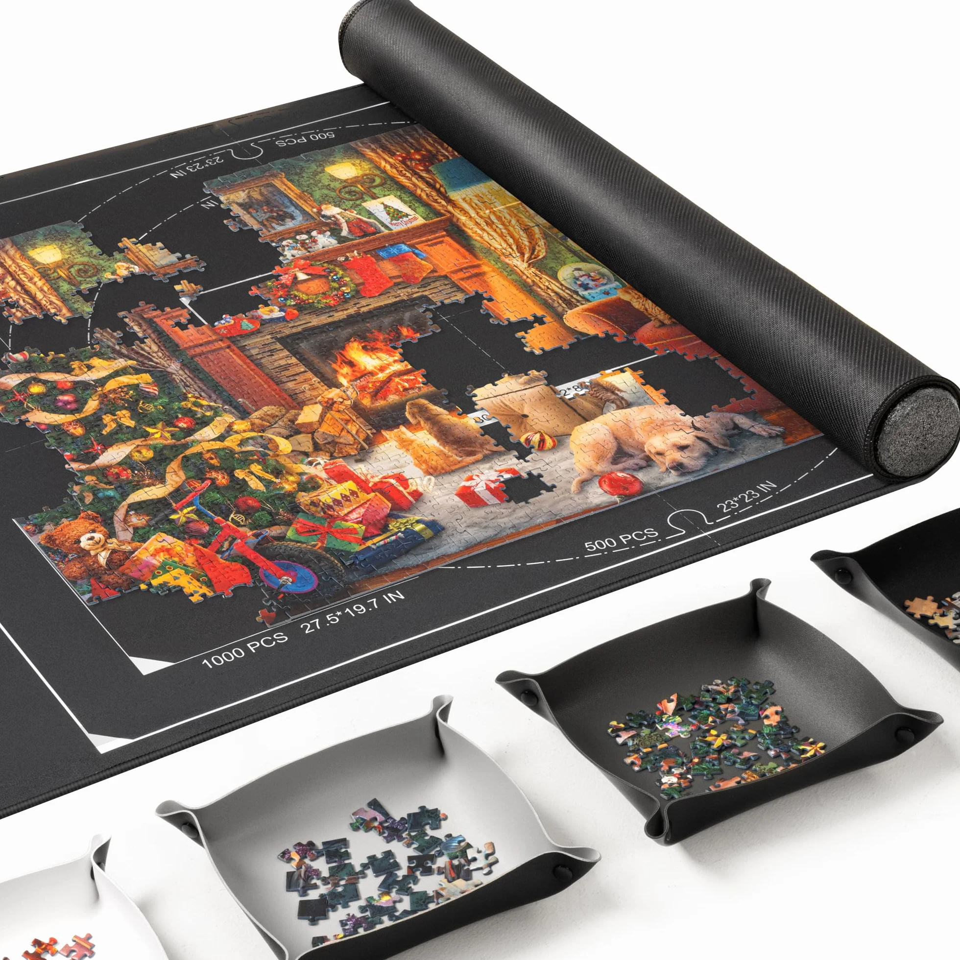 Mata do układania puzzli ROPODA, mata do układania puzzli do 1500 elementów, plansza do układania puzzli z 4 dużymi tackami do sortowania, przenośna, czarna