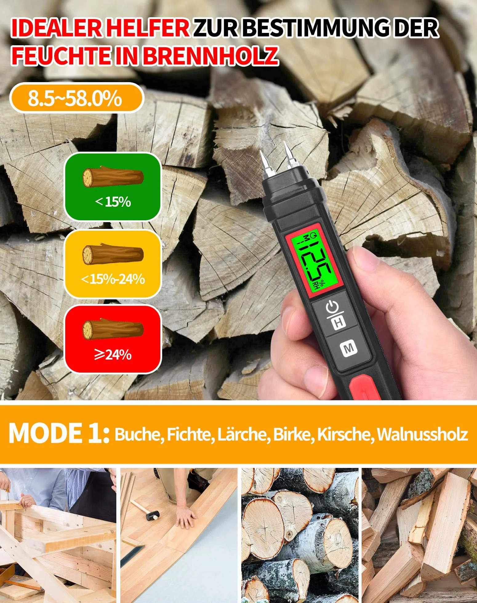 LAOYE Miernik wilgotności drewna, przenośny, wilgotnościomierz, z 7 skalami kalibracyjnymi, 3-kolorowy wyświetlacz LCD, do drewna, drewna opałowego, ścian, materiałów budowlanych