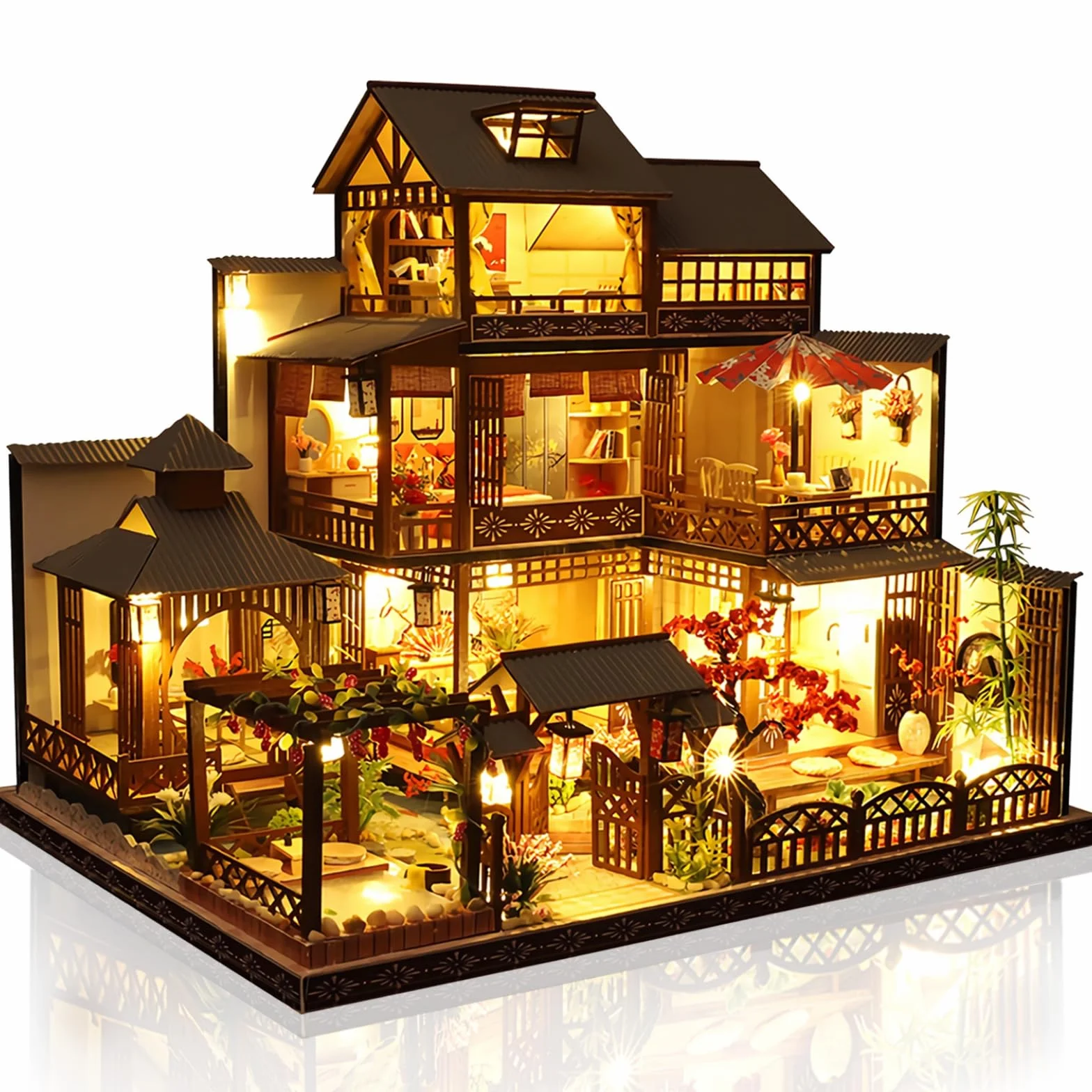 Cuteefun Zestaw do samodzielnego wykonania miniaturowego domku dla lalek, drewniany domek dla lalek z oświetleniem LED, ręczne rękodzieło dla dorosłych i nastolatków do budowania, stwórz własny