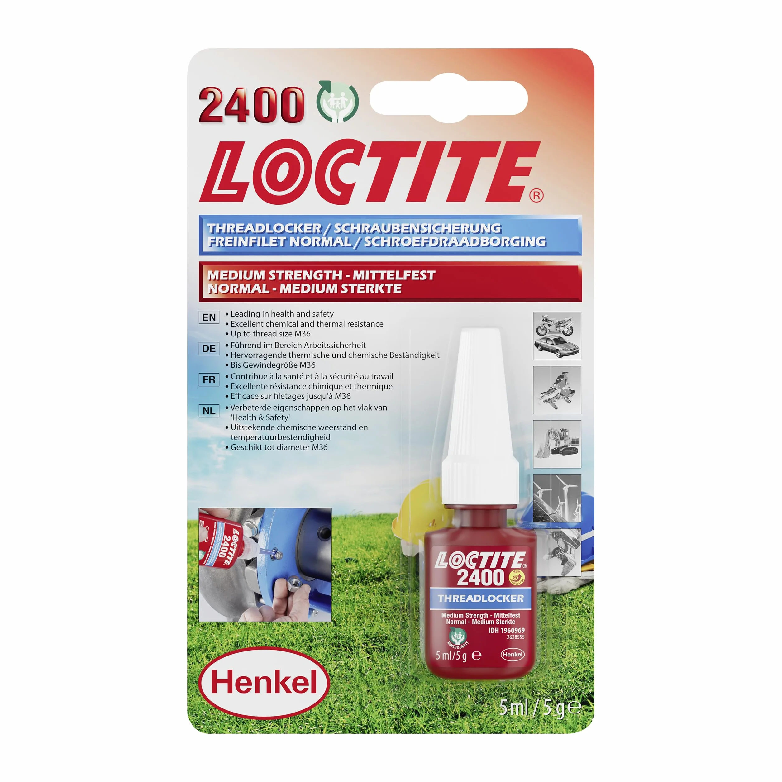 LOCTITE Zabezpieczenie śrubowe 2400, klej do śrub do zabezpieczania śrub, środek zabezpieczający śruby do wszystkich metalowych połączeń gwintowanych, bez oznakowania, 1 x 5 ml