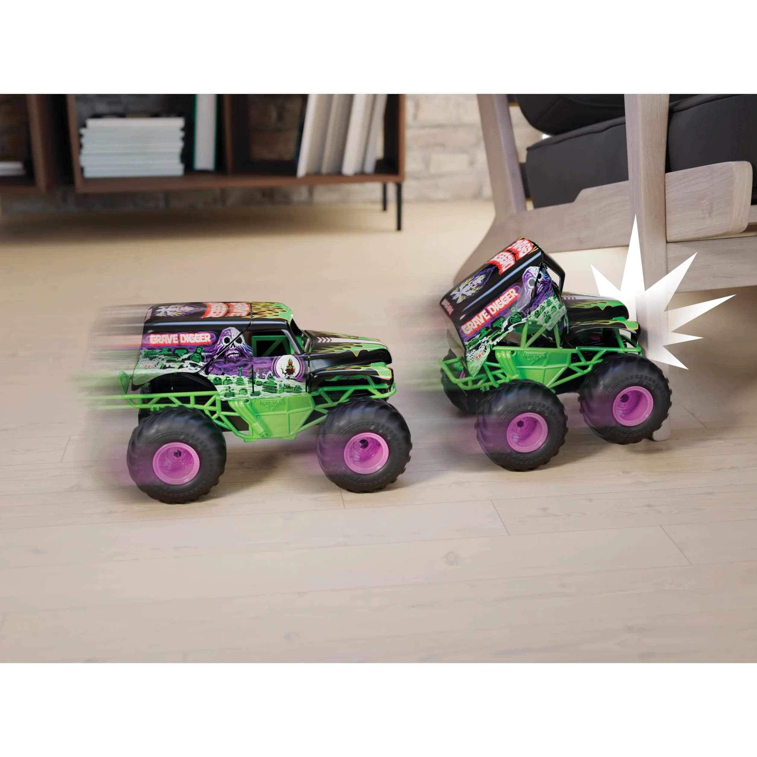 Monster Jam - Smash 'n Bash Grave Digger, zdalnie sterowana monster truck, która odkształca się podczas awarii i naprawia ponownie za naciśnięciem jednego przycisku, sterowanie 2,4 GHz, od 4 lat