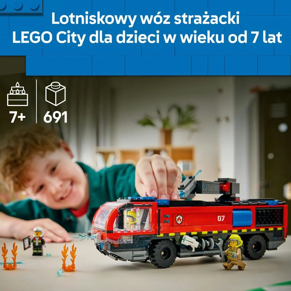LEGO City Lotniskowy wóz strażacki, zabawka dla dzieci od 7 lat, klocki konstrukcyjne z pojazdem ratunkowym i czterema minifigurkami, prezent dla 7-latka, dla chłopca i dziewczynki na urodziny 60499