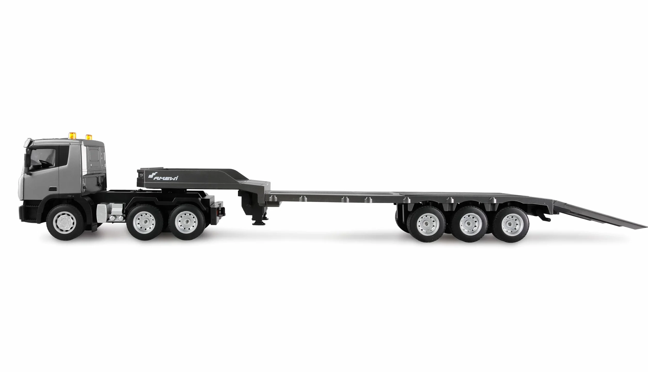 Amewi Zestaw ciężarówek 2 w 1 z niską i koparką 1:24 RTR zdalnie sterowany RC plac budowy dla dzieci 8 lat, antracyt/czarny/żółty