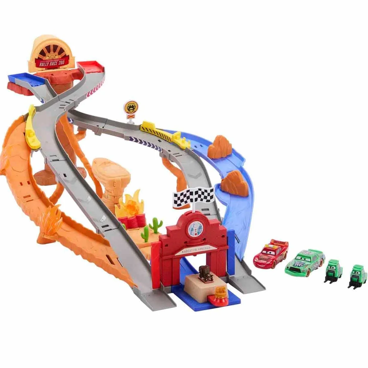 Mattel Disney Pixar Cars Auta Droga ratunkowa Wyścig z przeszkodami Zestaw do zabawy: 2 samochody zabawki Zygzak McQueen i Marek Marucha, 2 zabawkowe wózki widłowe i 2 sposoby na rajdową zabawę, JFL57