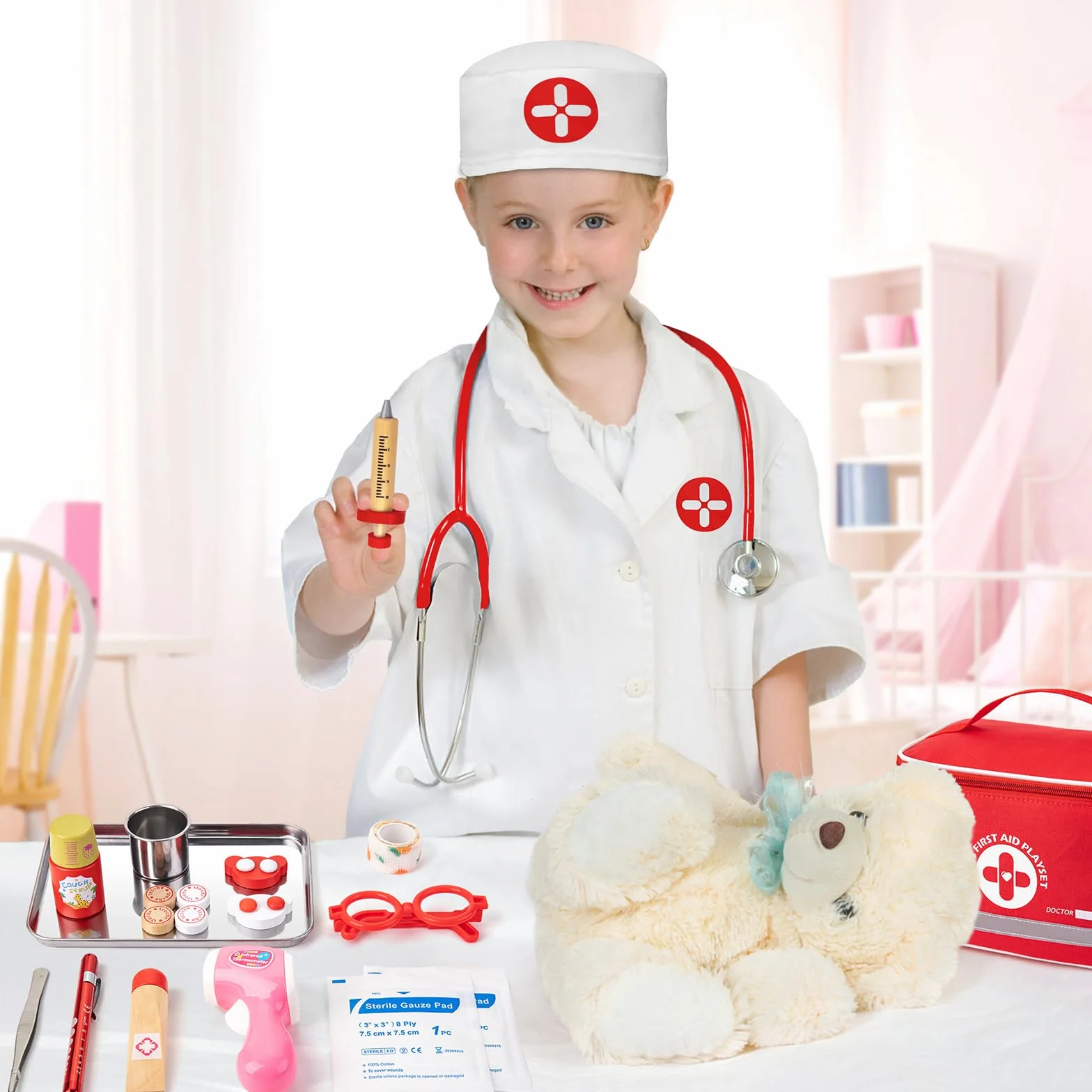 EFO SHM Drewniana walizka lekarska dla dzieci, 34-częściowa walizka ze stetoskopem, termometrem, strzykawką, torbą lekarską i fartuchem lekarskim — prezent dla dzieci, odgrywanie ról, zabawka od 3 lat