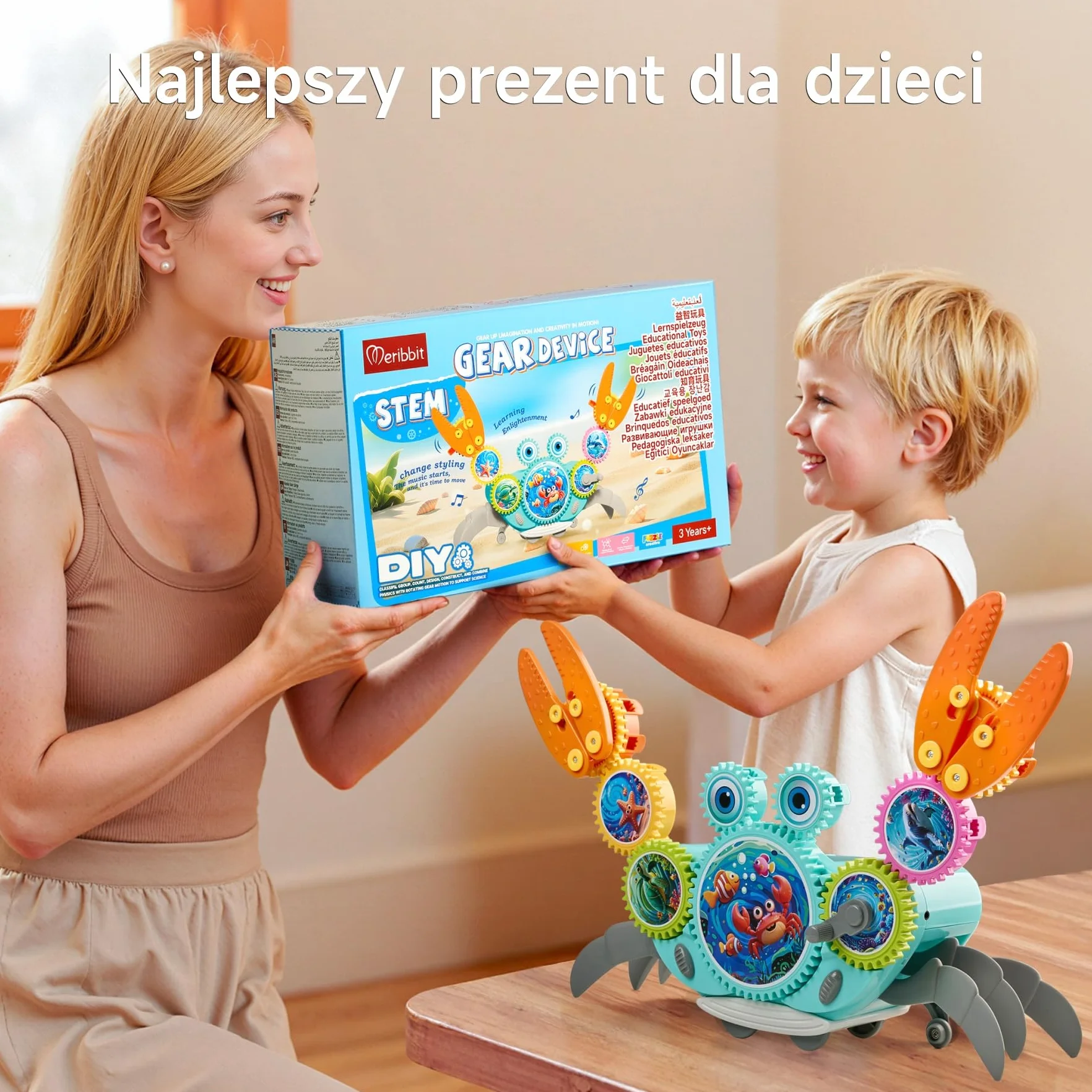 Klocki zębate krab, kreatywna zabawka konstrukcyjna z ruchem bocznym, muzyką i światłem, Montessori sensoryczna edukacyjna z wykrywaniem przeszkód, dla dzieci od 3 lat