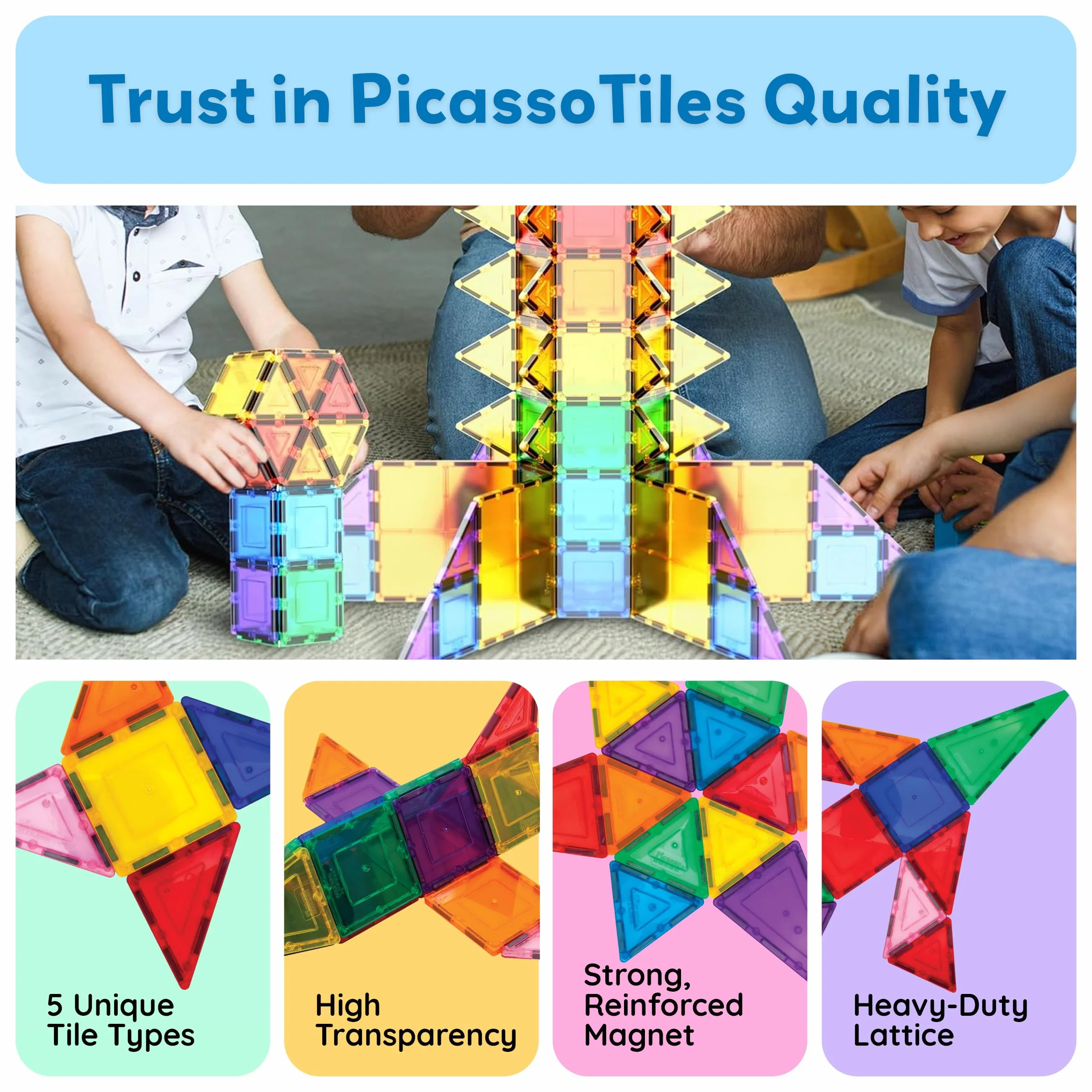 PicassoTiles 100-częściowy zestaw 100sztuk Magnetyczne klocki budowlane Przezroczyste magnetyczne 3D klocki konstrukcyjne Płyty do gry, kreatywność poza wyobraźnią, inspirujące, rekreacyjne