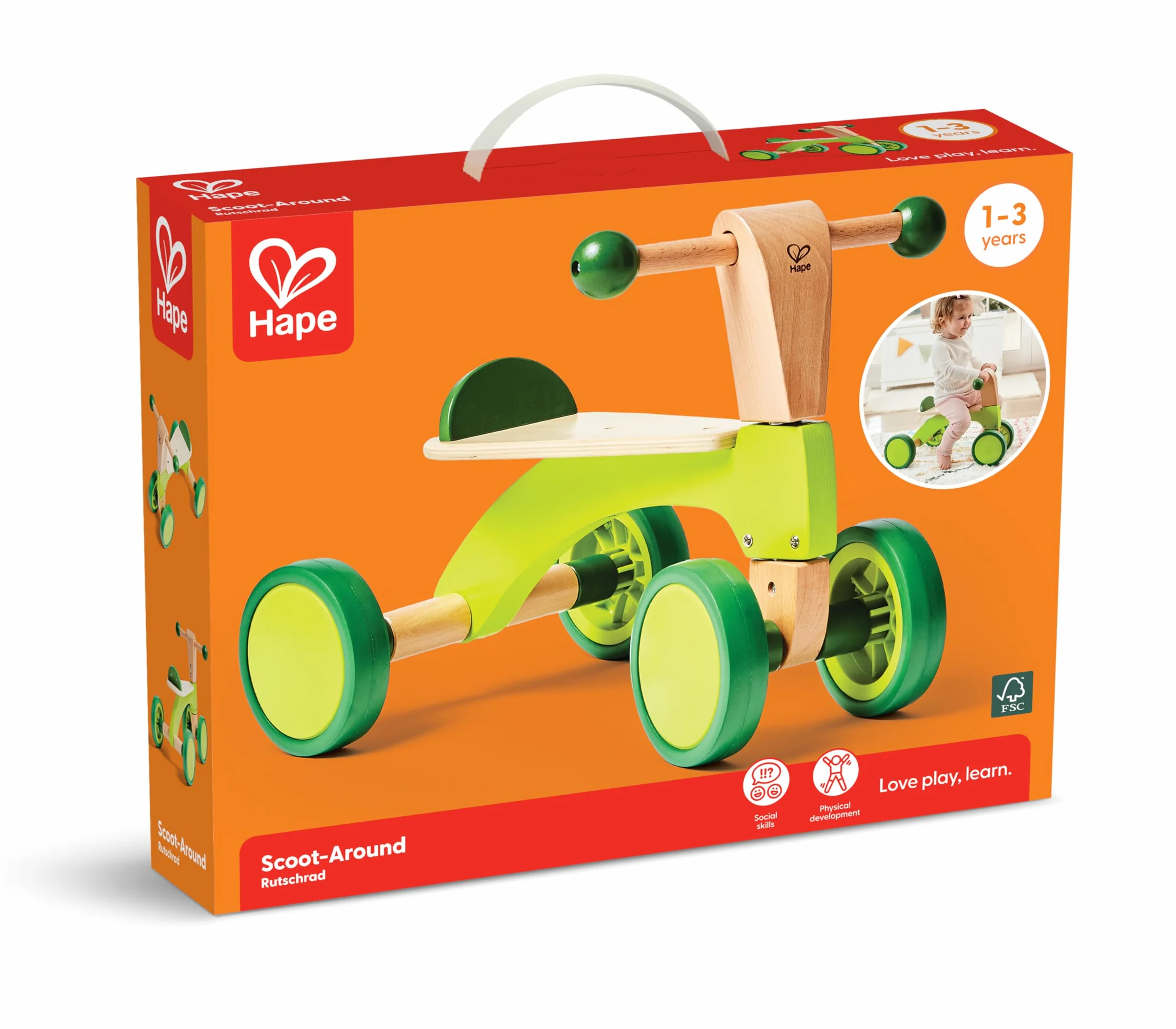 Hape Scoot-Around Balance Bike 4-Wheeled Sustainable Wood Rubber Tyres Bright Green