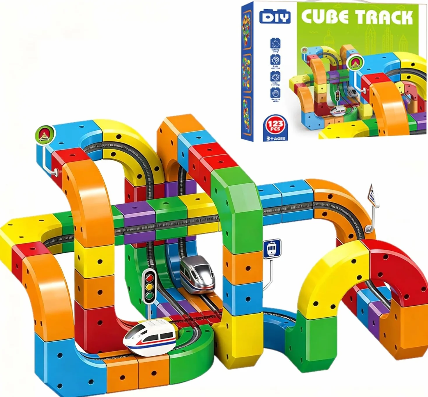 Clickrail Zestaw Elektrycznej Kolejki, Cubix 3D, Klickrail Cube Track Trasami 3D opartymi na grawitacji, Klocki Magiczne i Zasilany Pociąg, Elektryczna Kolejka dla Dzieci, Idealny Prezent (123 Sztuk)