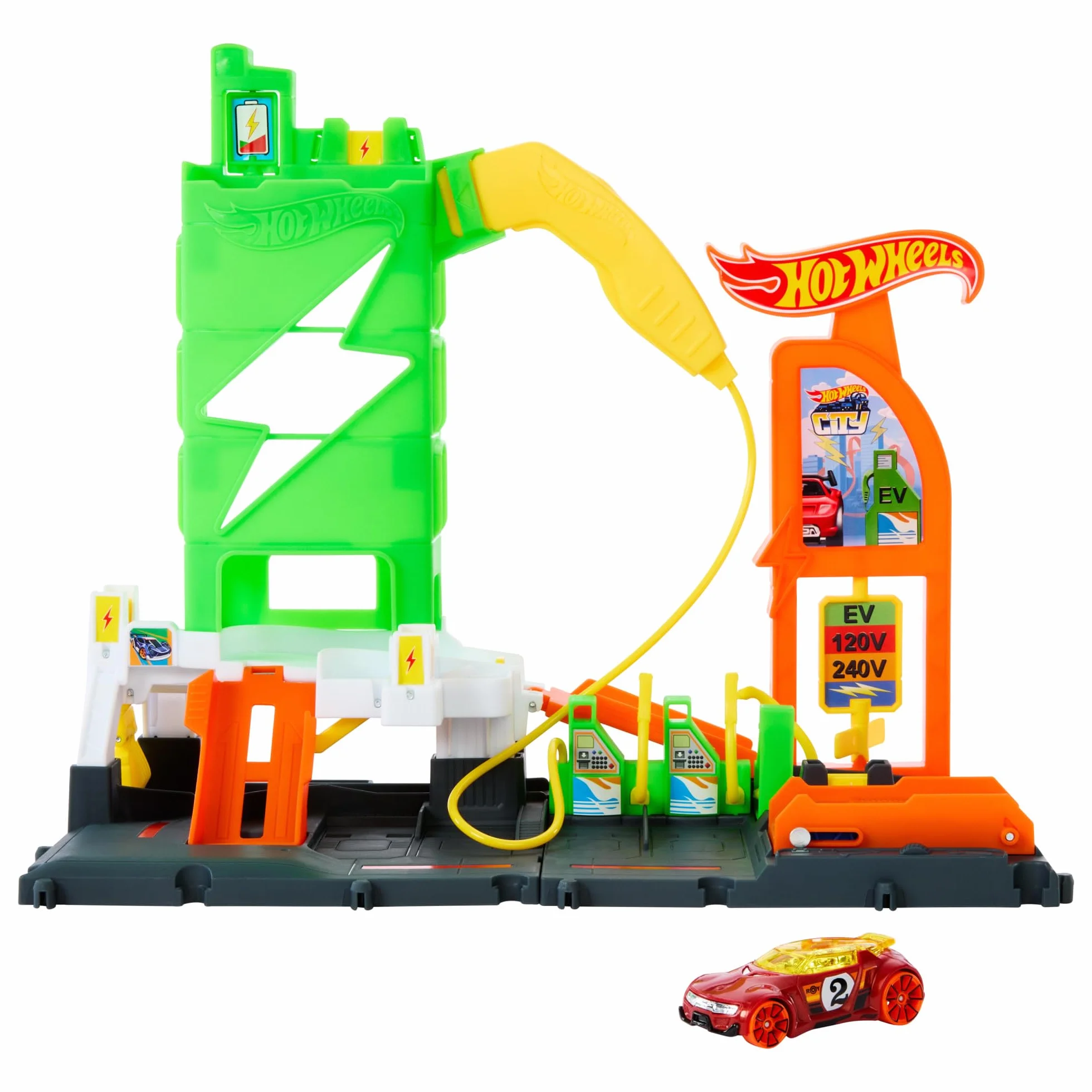 Hot Wheels Let's Race – Na start! - Netflix - Superstacja ładowania Zestaw z zabawkową stacją ładowania pojazdów elektrycznych i samochodzikiem w skali 1:64, HTN79