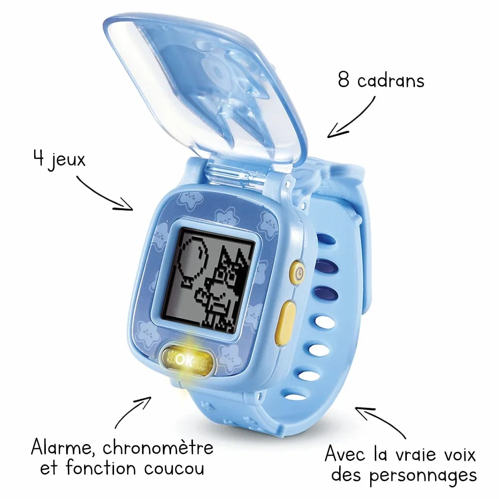 VTech - Bluey, interaktywny zegarek do gier, zegarek dla dzieci z klapką z anime, miękki pasek, 8 tarczy, 4 gry edukacyjne, prezent dla dzieci w wieku od 3 lat do 7 lat - zawartość w języku francuskim