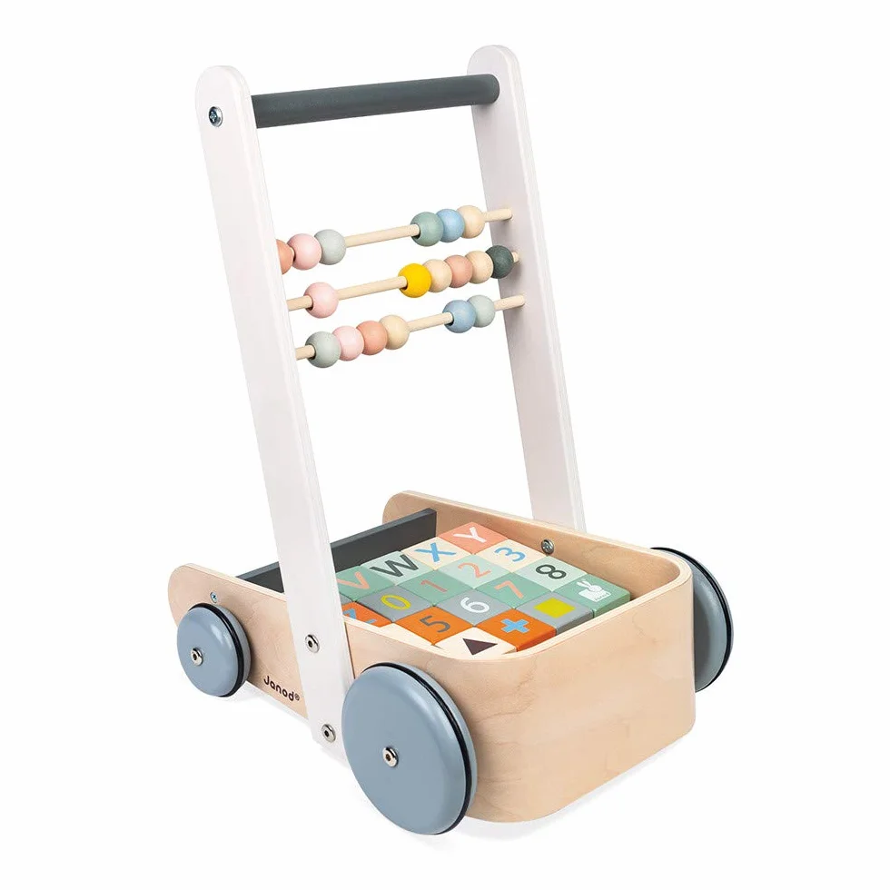 Janod - Sweet Cocoon Abc Buggy - Wooden Walking and Activity Cart - with 20 Alphabet Cubes, Numbers and Shapes Blocks + 3 Abacus Rows - Water Based Paints - from 1 Year Old, J04408