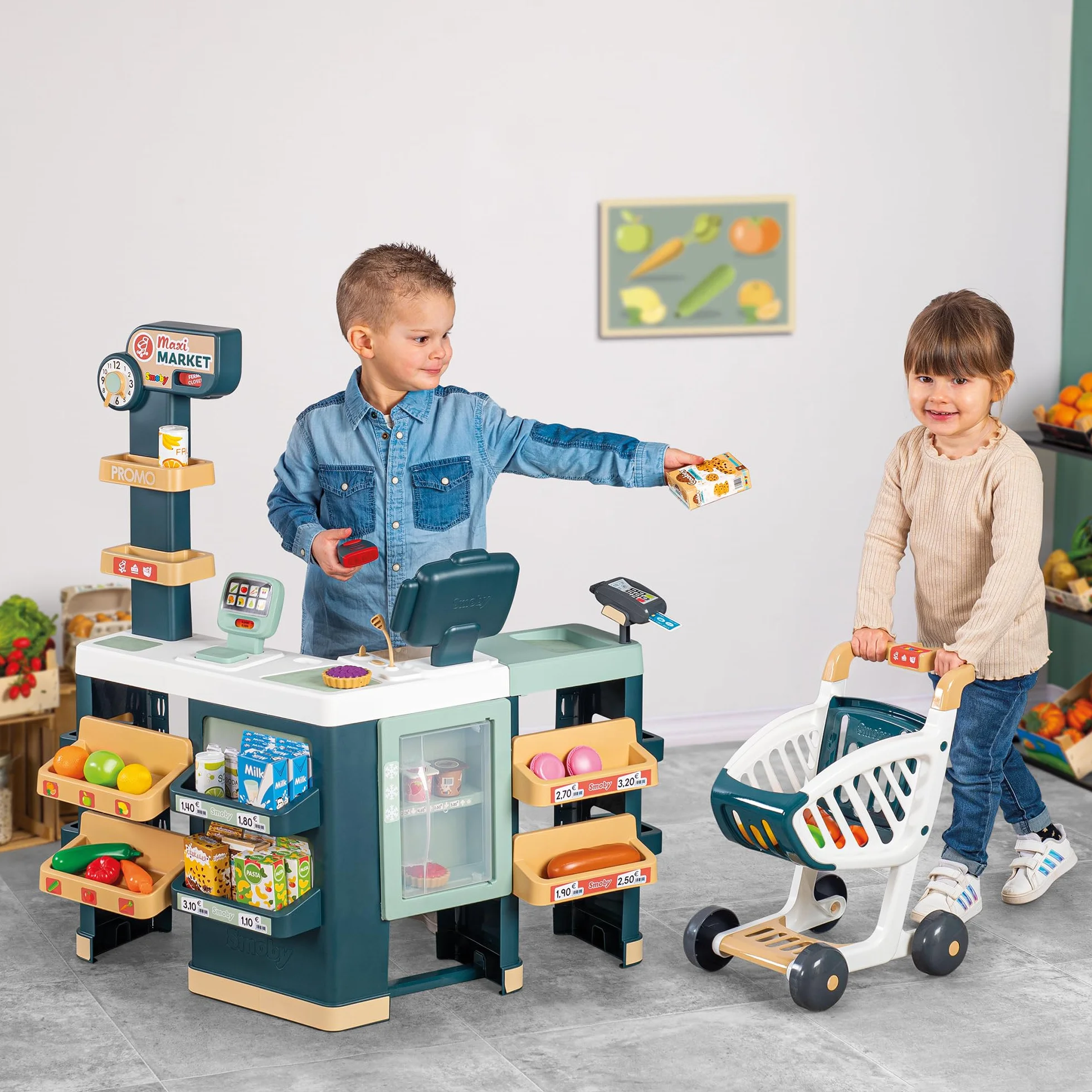 Smoby - Maxi Market - Supermarket dla dzieci - Wózek, półki, pudełka, warzywa, owoce - Strefa chłodnicza - Liczne akcesoria - Od 3 lat - Wyprodukowano we Francji