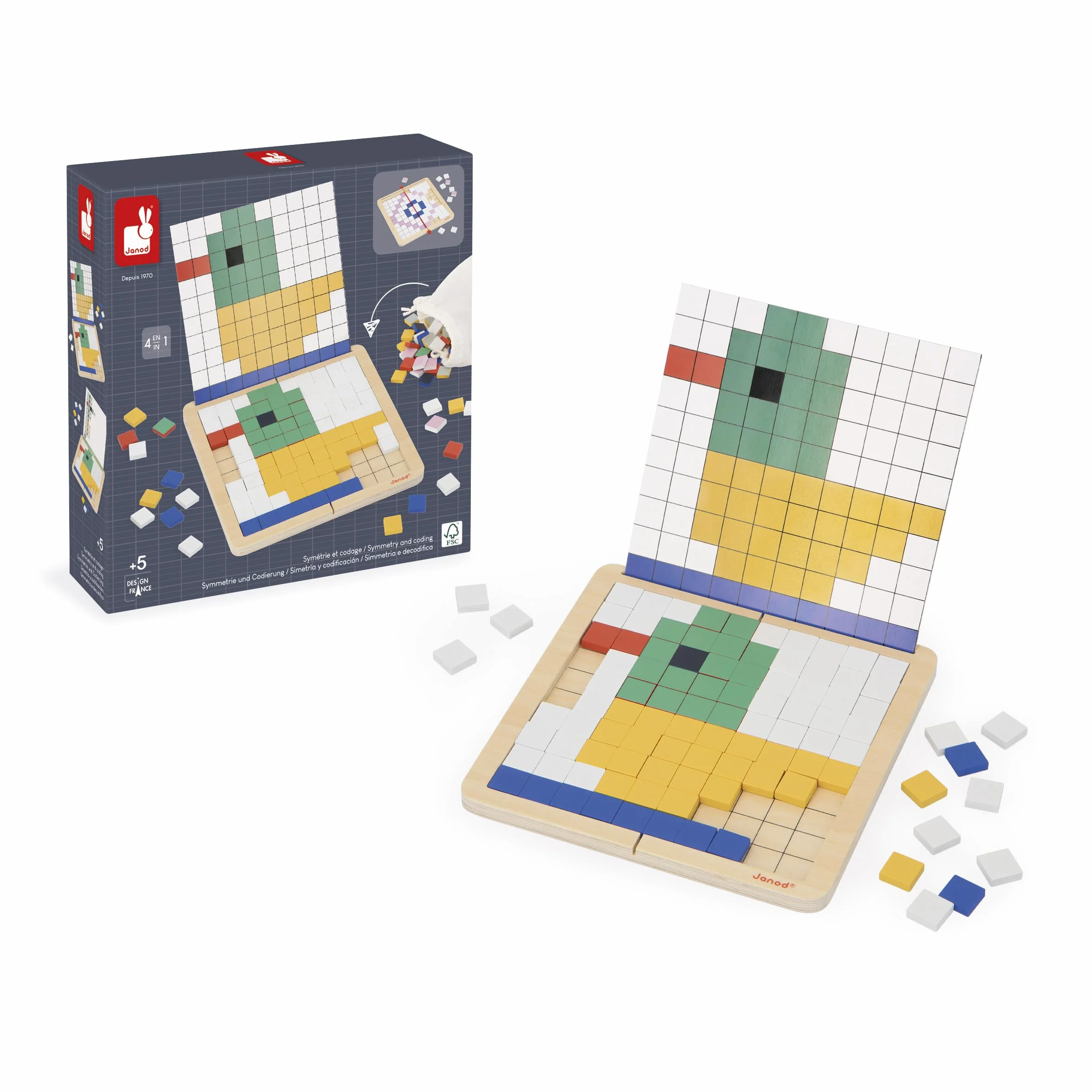 Janod Symétrie & Codage-4 Modes de Jeu-12 Modes à Reproduceire-Idéal Préparation Maternelle et Petite Section Zabawka edukacyjna dla dzieci - wyprodukowana z drewna FSCTM - od 5 lat - J05093, J05093