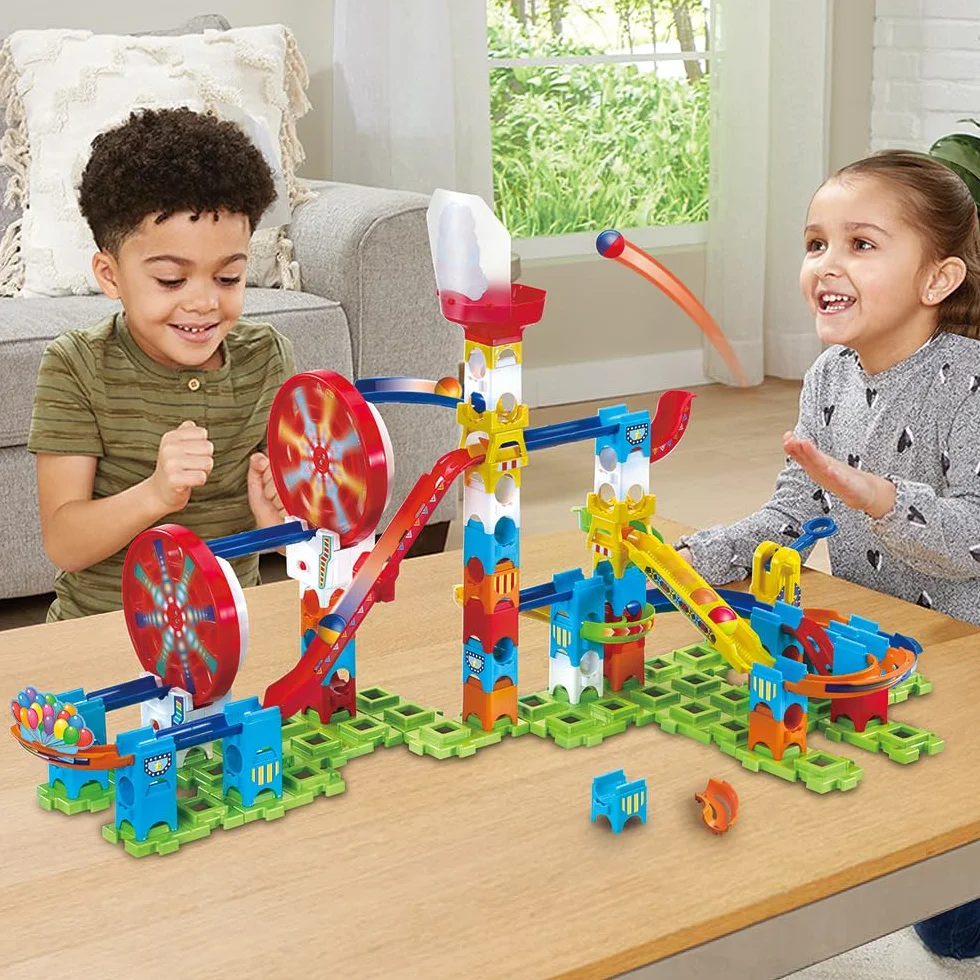 VTech - Marble Rush, elektroniczna wycieczka kulkowa Adventure Park Challenge L300E, zestaw konstrukcyjny, 96 sztuk, 10 kulek, prezent dla dzieci od 4 lat - Zawartość w języku francuskim
