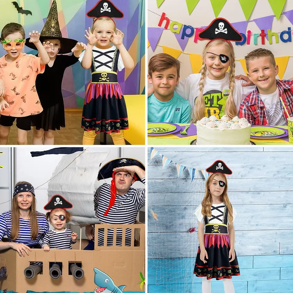AUYAO Kostium piratów dla dzieci, 7 szt. Zestaw kostiumów piratów z sukienką, kapeluszem i naszywką na oko, zestaw dla dziewczynki Buccaneer, kostium na Halloween dla dziewczynek na karnawał, imprezę