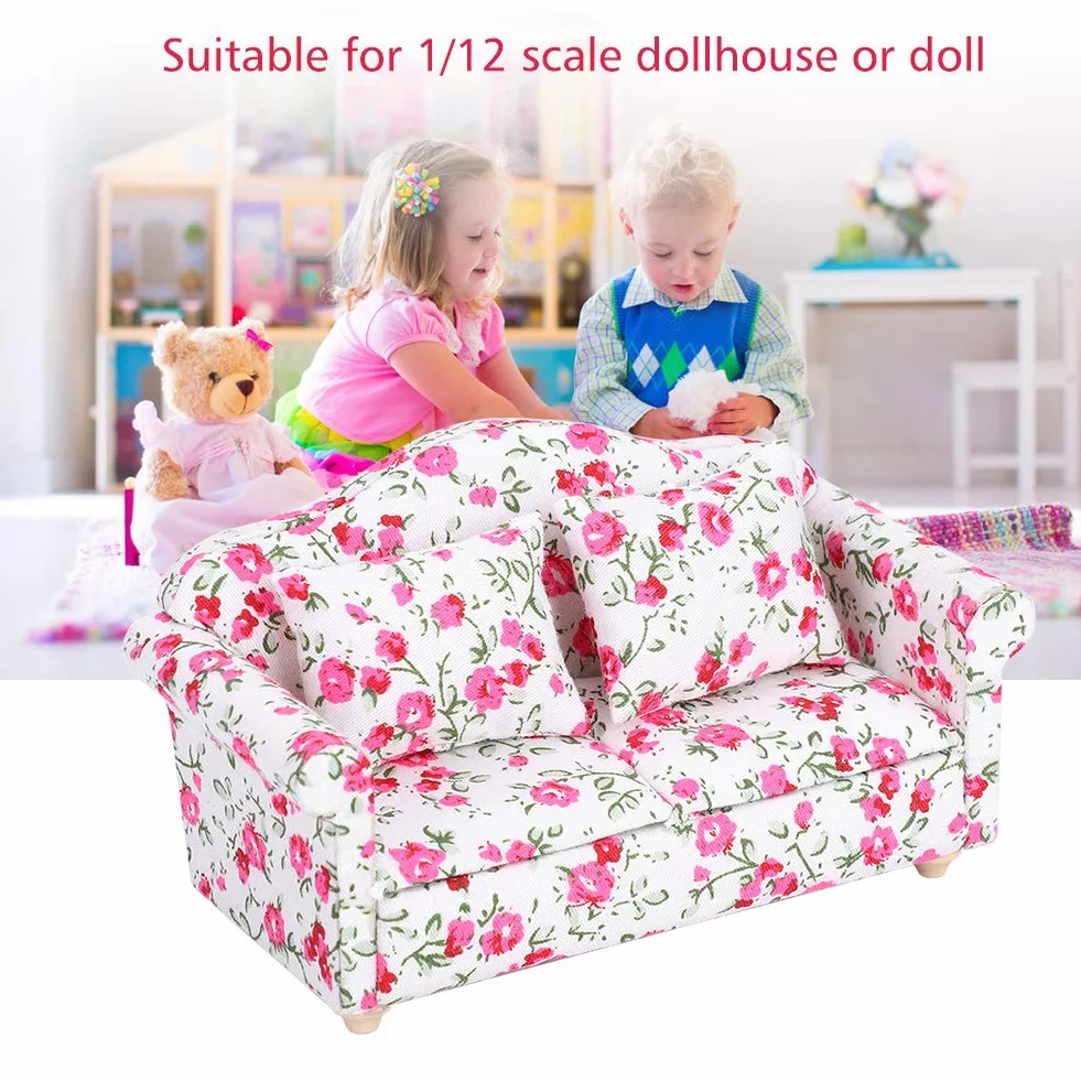 Mini Sofa Domek dla lalek, Akcesoria do dekoracji domku dla lalek Wzór kwiatowy Mini Meble Podwójna sofa dla lalki w skali 1/12 małe skupiska kwiatów