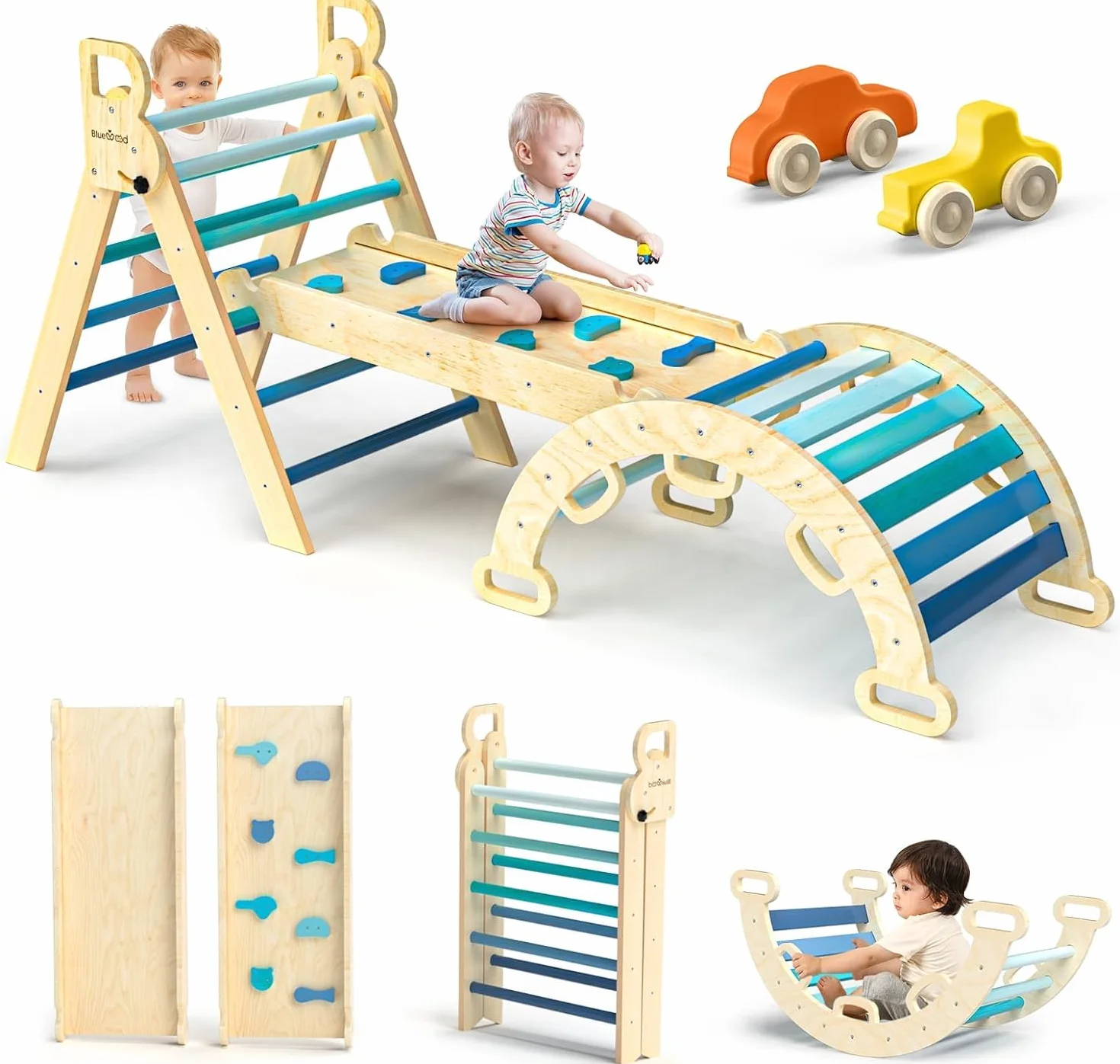 BlueWood Zabawki wspinaczkowe Trójkąt wspinaczkowy, 4 w 1, trójkątna drabina wspinaczkowa z rampą przesuwną i łukiem, zabawka do wspinaczki Montessori dla małych dzieci