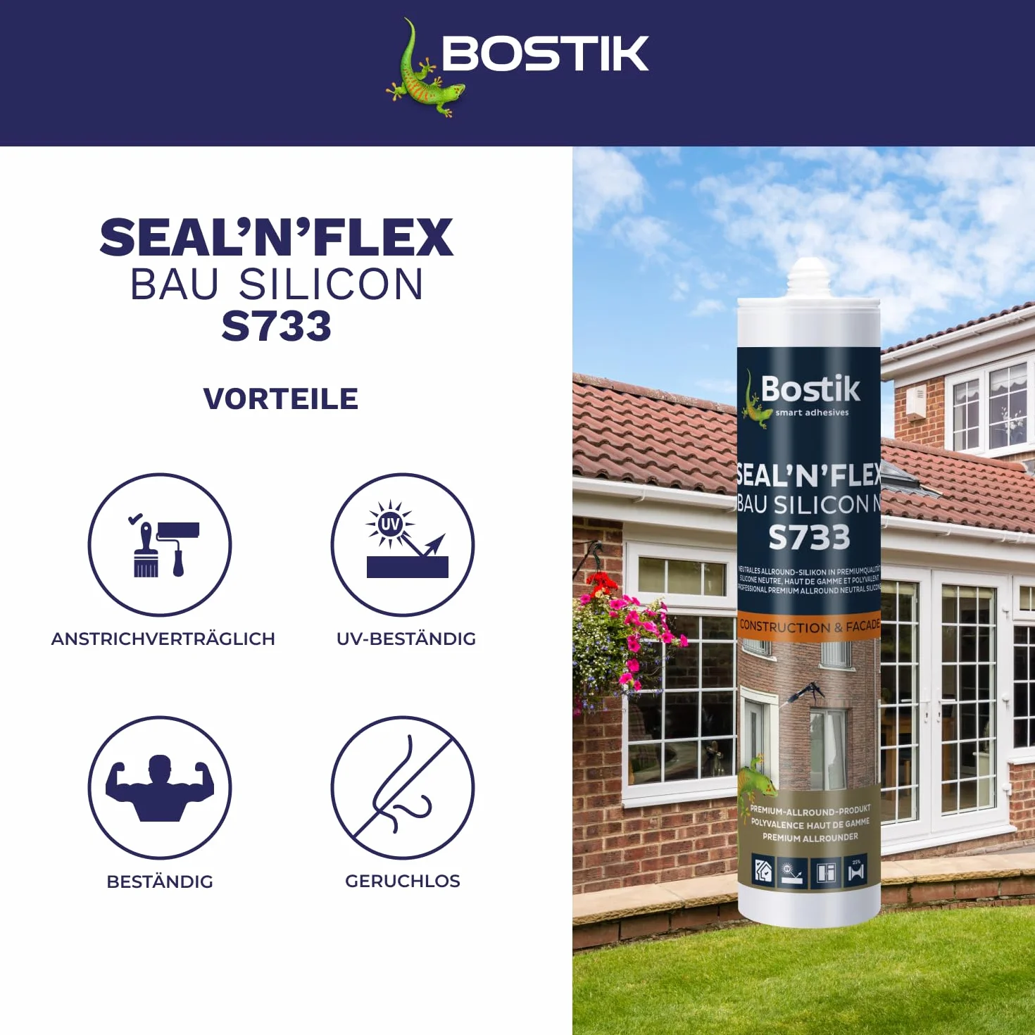 BOSTIK S733 Seal´n´Flex Bau Silicon Manhattan – neutralny uniwersalny silikon, odporny na pleśń, trwale elastyczny, nadaje się do stosowania wewnątrz i na zewnątrz, 300 ml