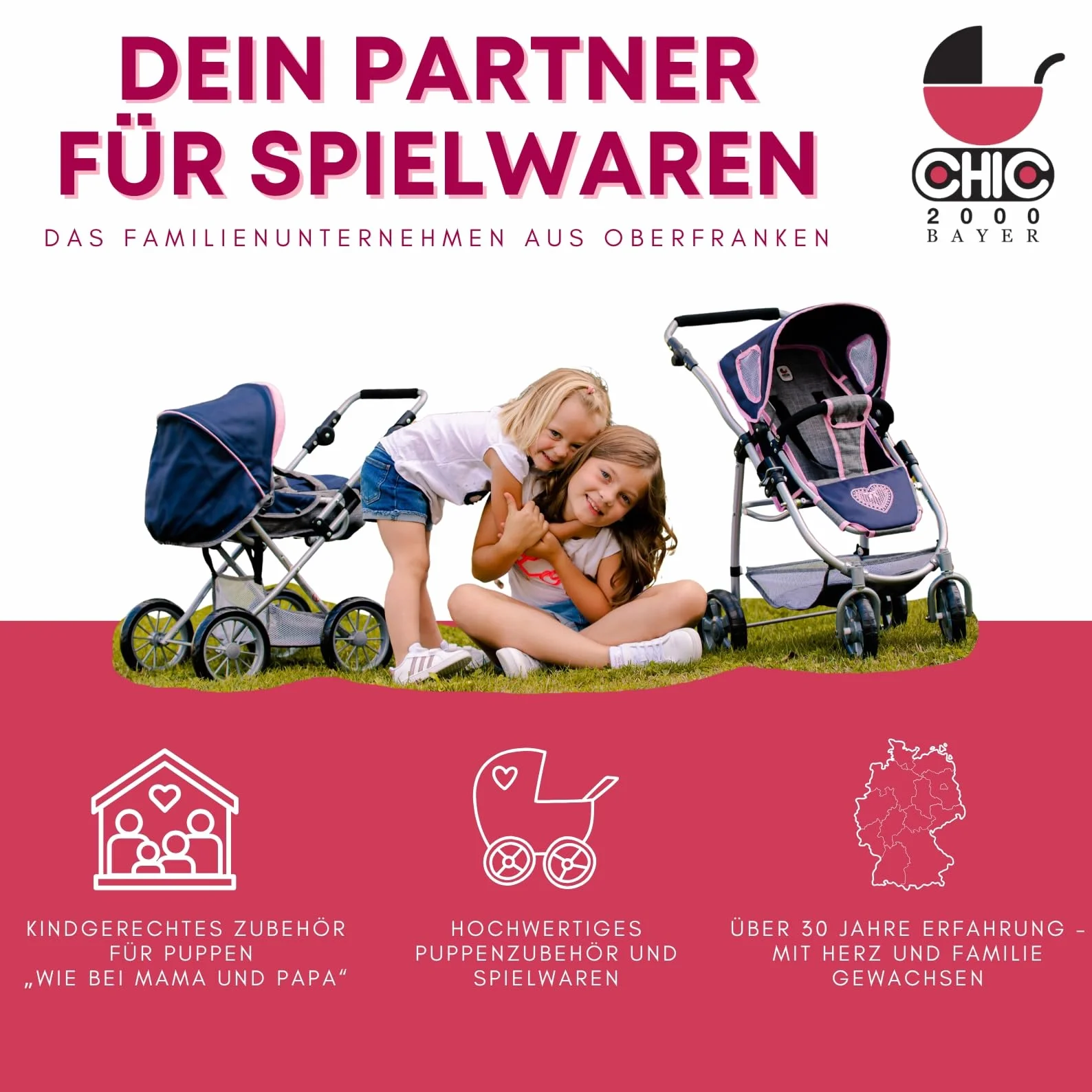 Bayer Chic 2000 2 w 1 wózek dla lalek Mila – dżinsy różowe – uchwyt z regulacją wysokości 39-72 cm – nowoczesny stelaż – lalki do 50 cm – 3-7 J.
