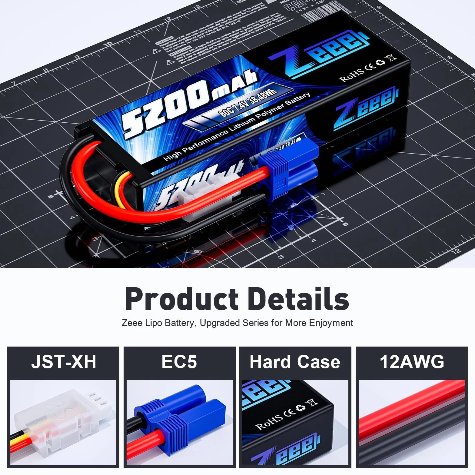 Bateria Lipo Zeee 2S 5200mAh 7.4V 80C Twarda obudowa Bateria z wtyczką EC5 do 1/8 1/10 RC Pojazdy Samochód RC Buggy Truggy RC Samolot UAV Drone FPV (2 szt.)
