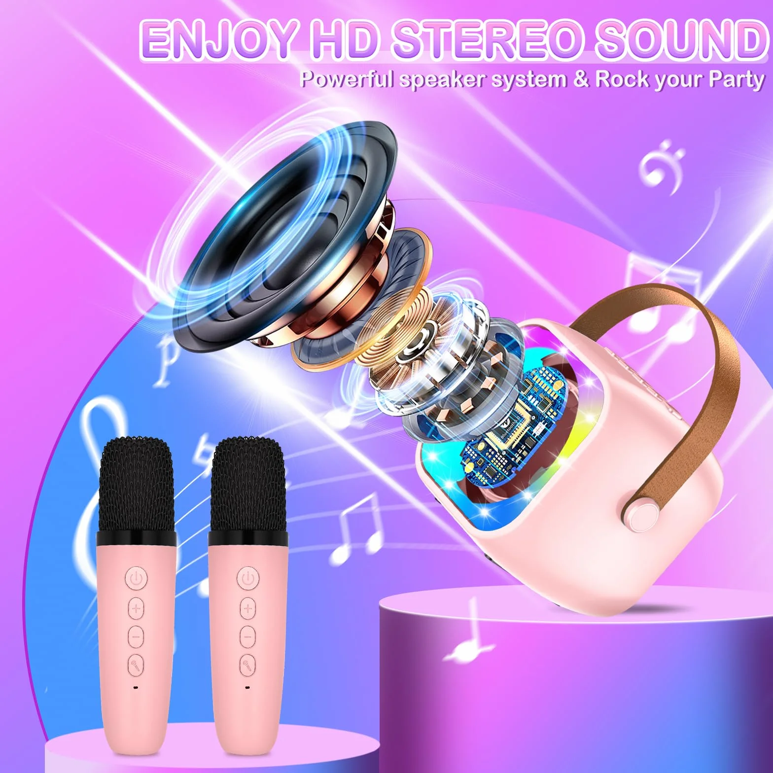 Przenośna maszyna do karaoke Bluetooth z 2 bezprzewodowymi mikrofonami, LED, dla dzieci 3-18 lat